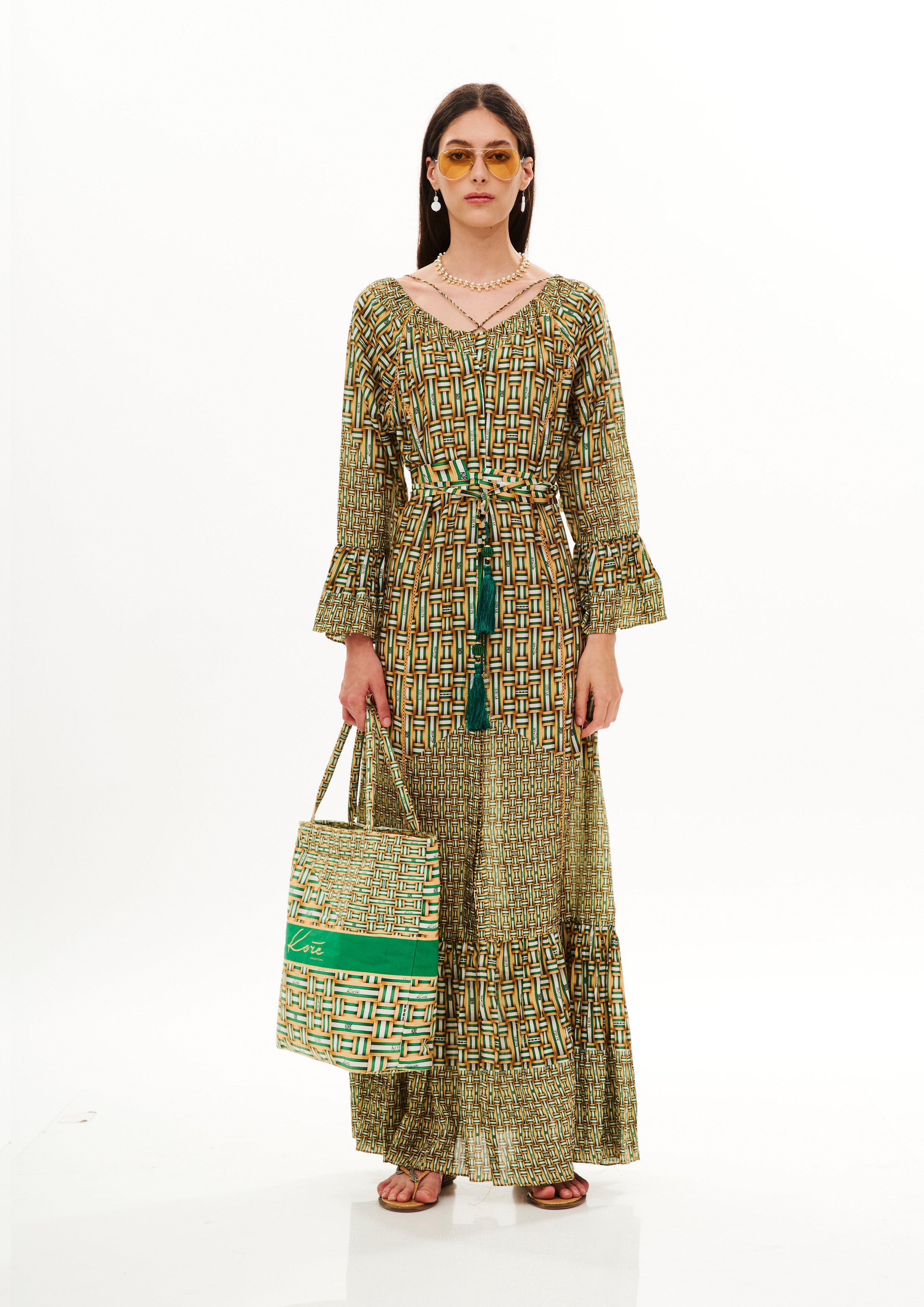Midi Vishivanka dress in Georgette Satin with "Monogram Tropical Garden" print.