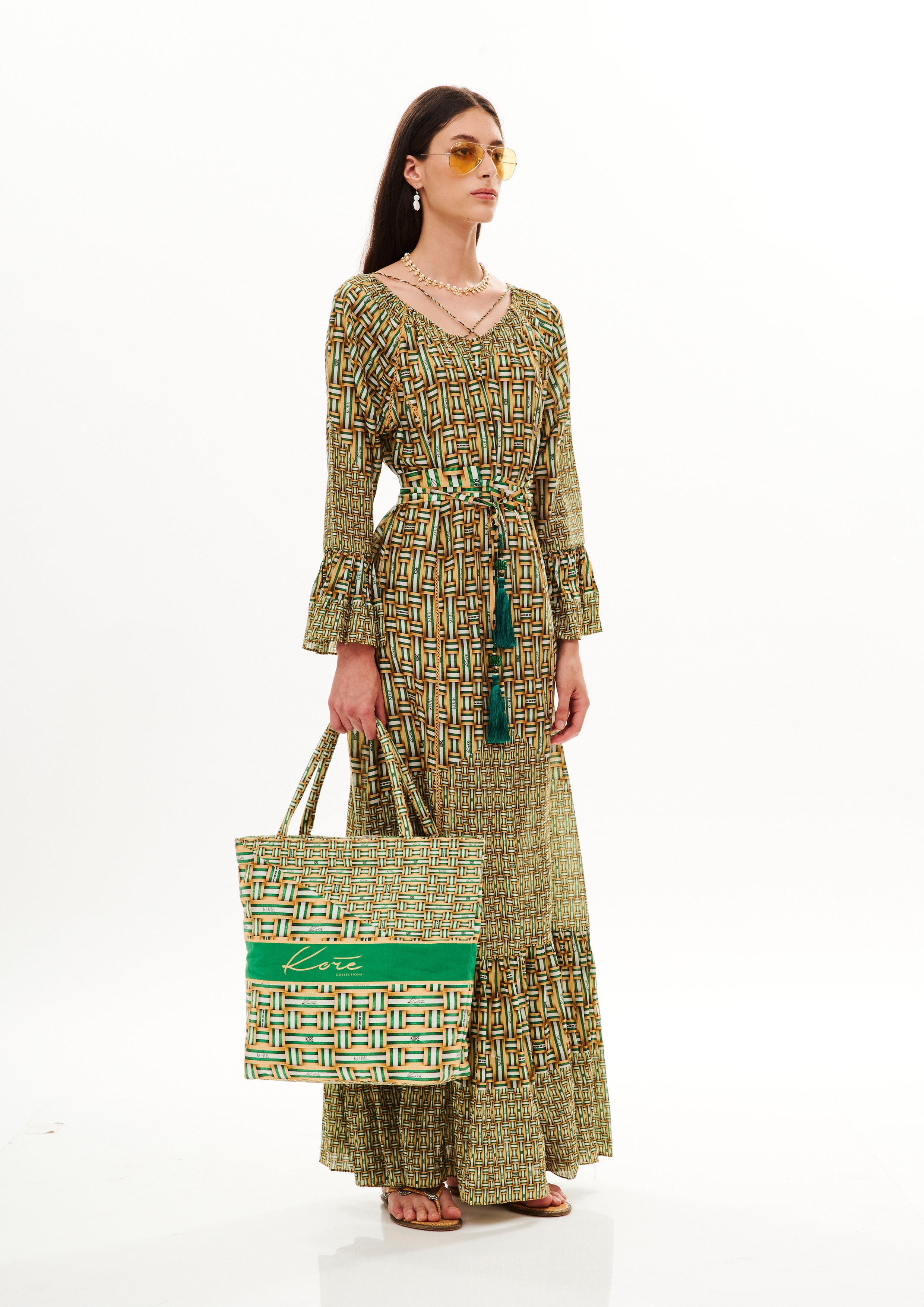 Midi Vishivanka dress in Georgette Satin with "Monogram Tropical Garden" print.