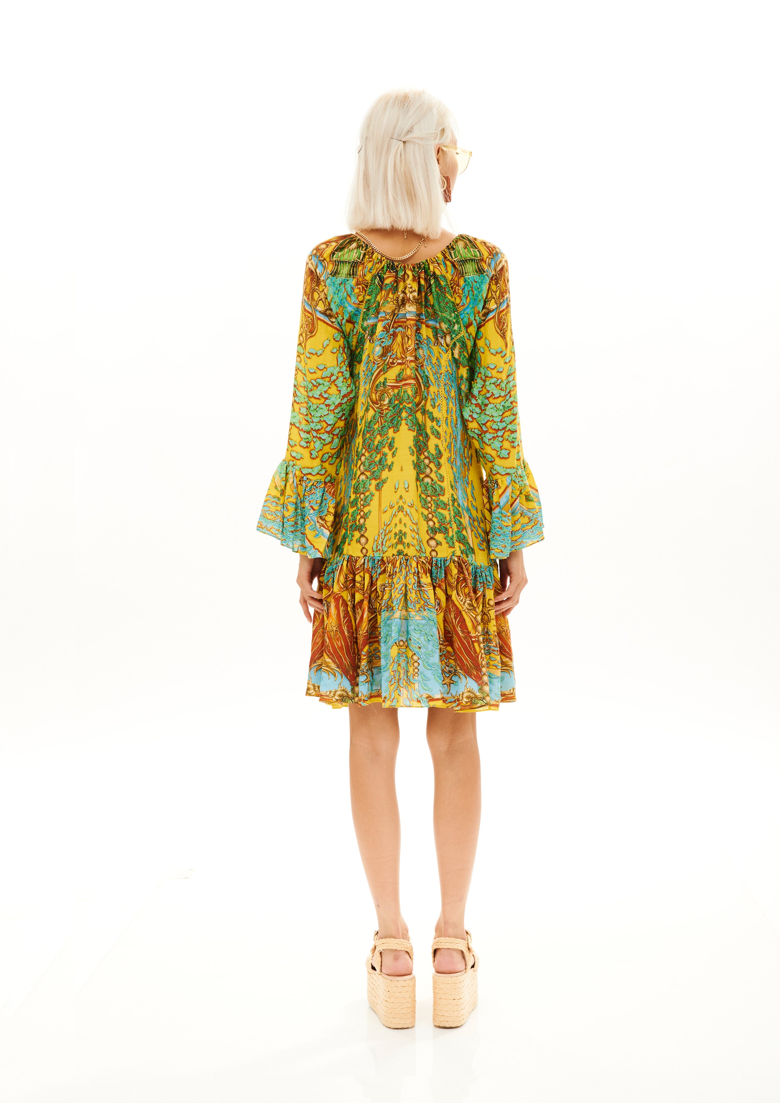 Midi Vishivanka dress in linen-silk with "Poseidon Dream Sunrise" print.