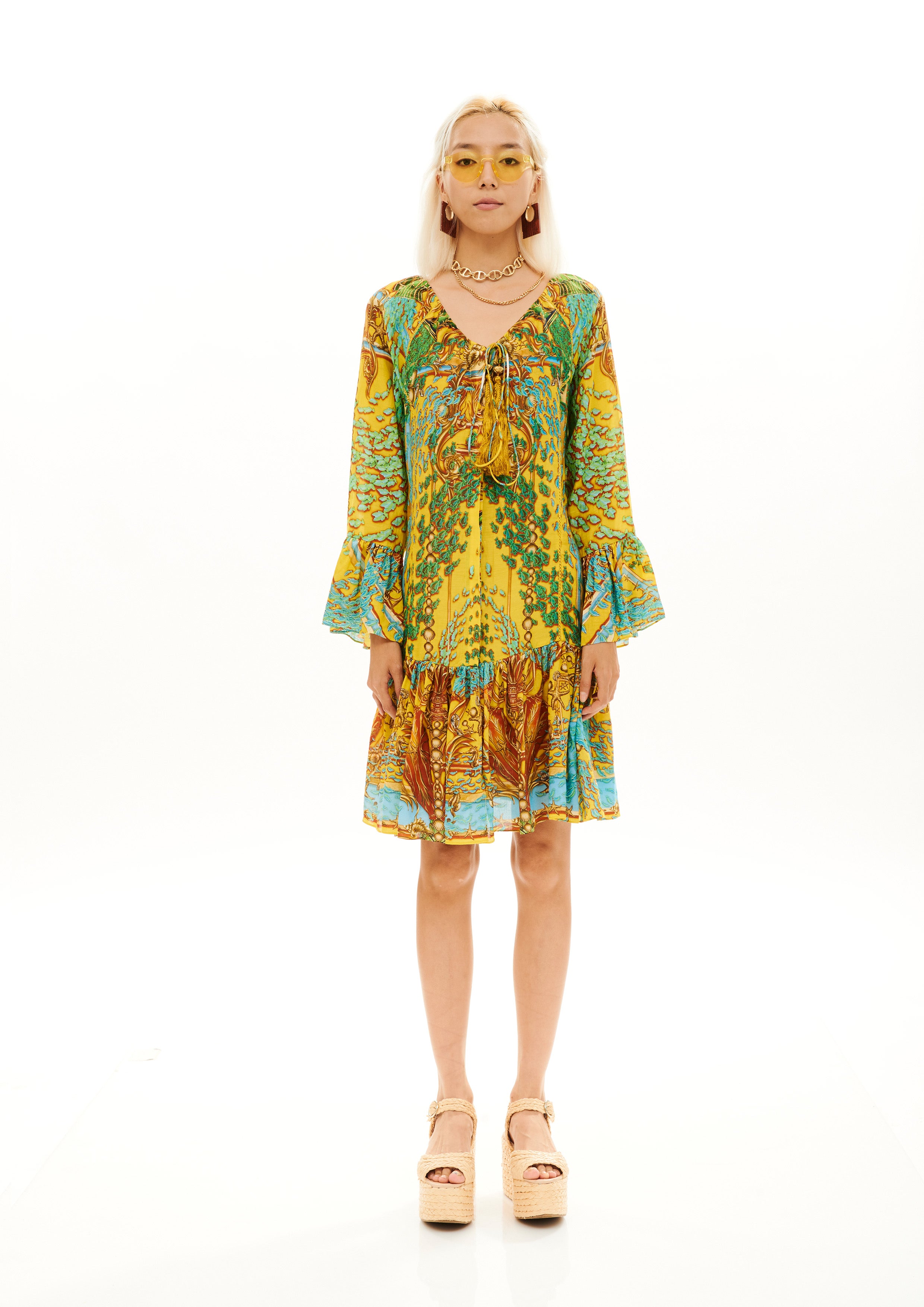 Midi Vishivanka dress in linen-silk with "Poseidon Dream Sunrise" print.