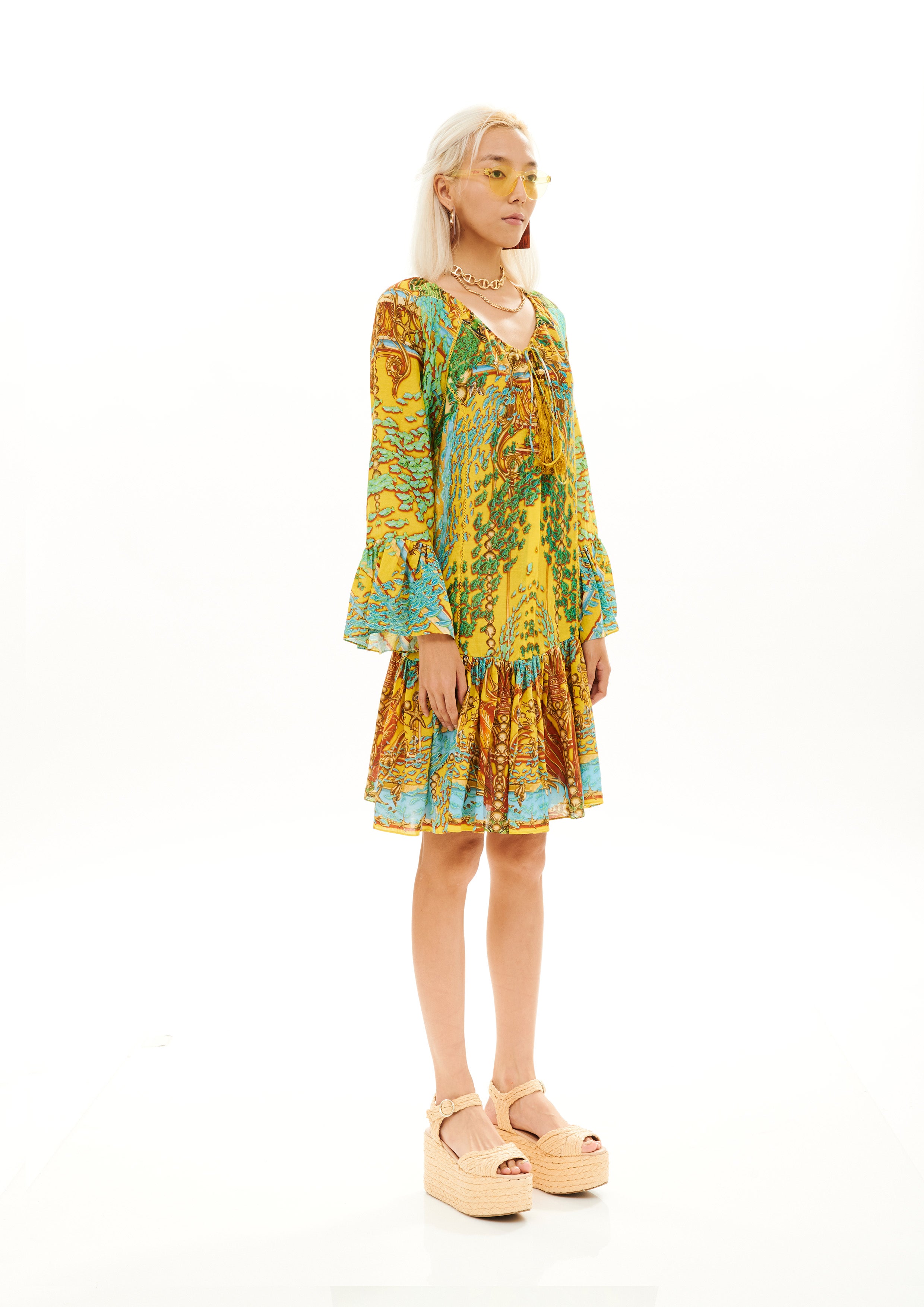 Midi Vishivanka dress in linen-silk with "Poseidon Dream Sunrise" print.