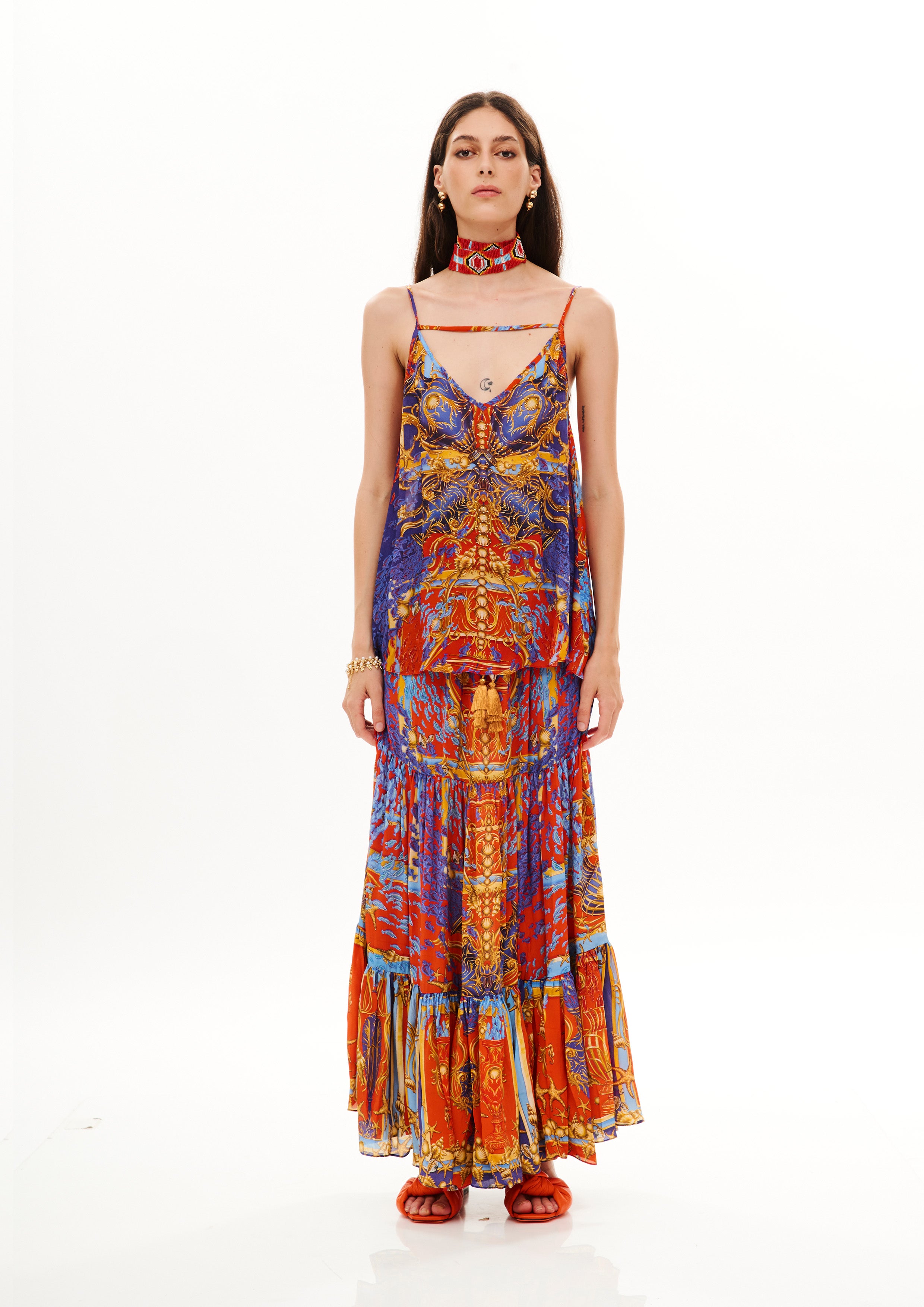 Long Skirt with Gathering Poseidon Dream Sunset in natural crepe