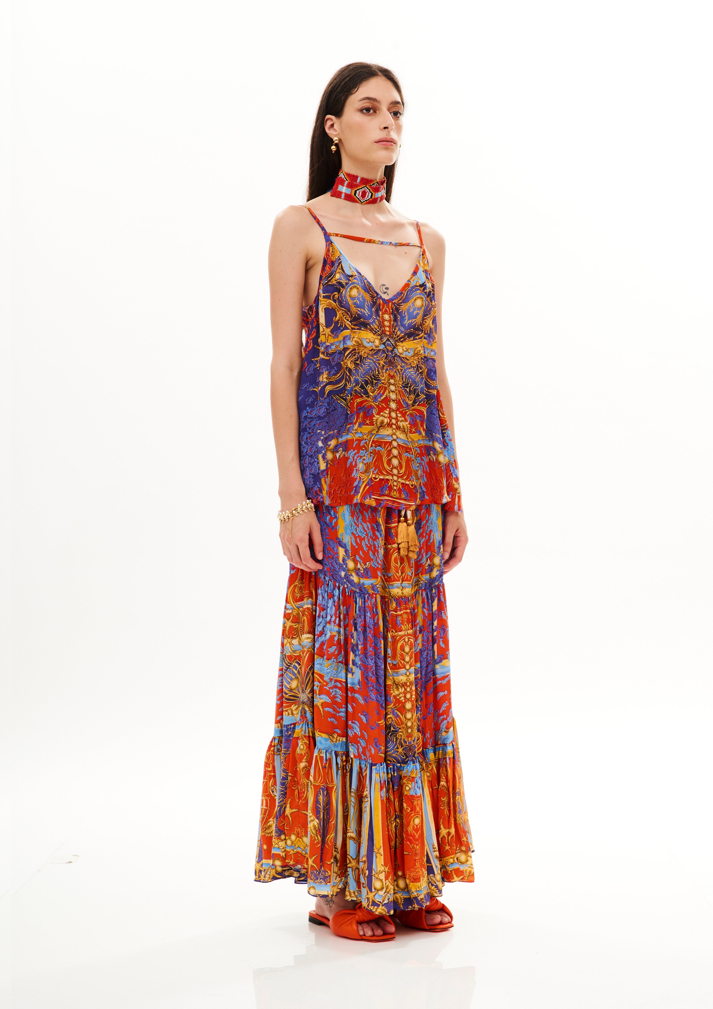 Long Skirt with Gathering Poseidon Dream Sunset in natural crepe