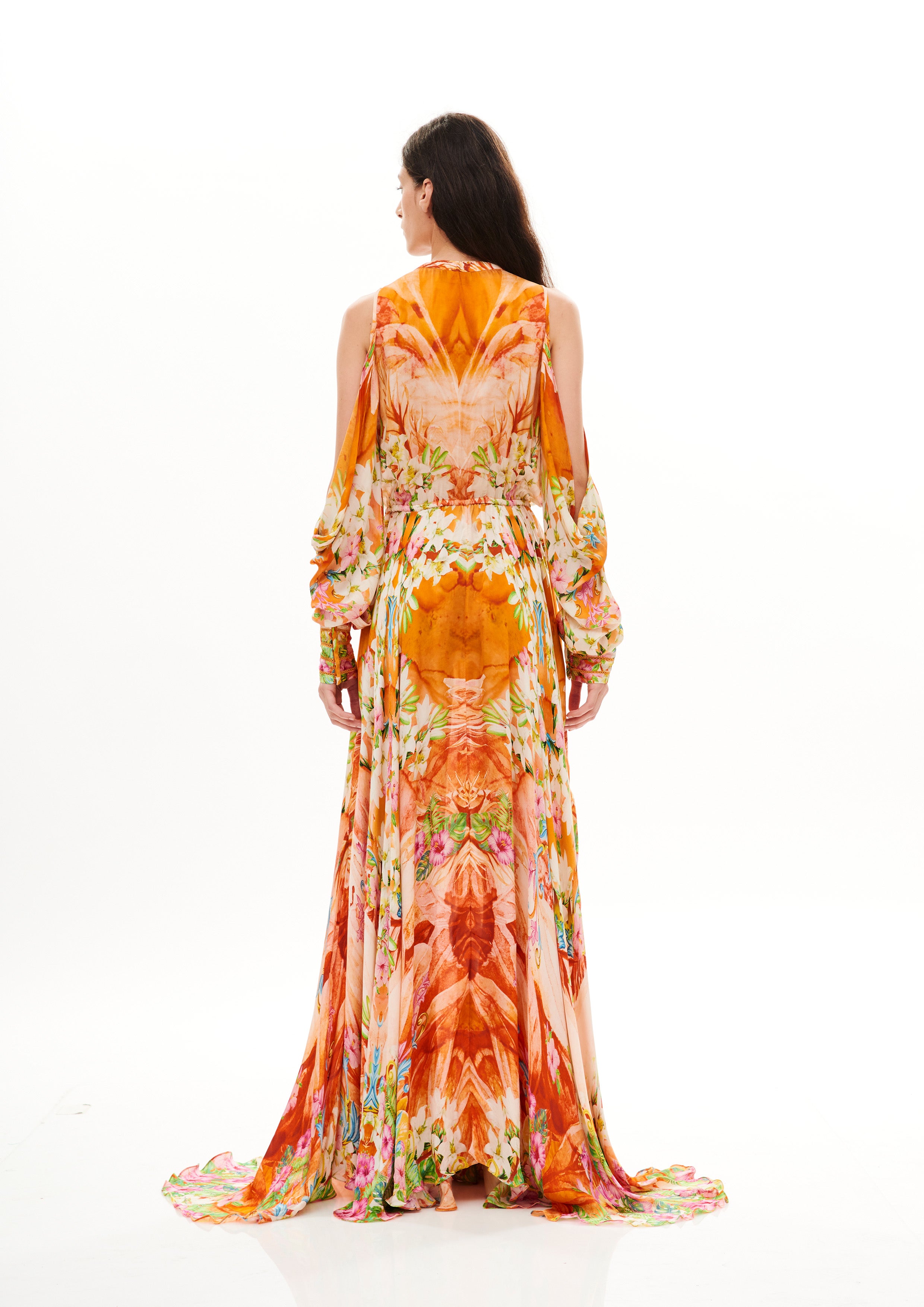 Long Balloon Arms Dress Tropical Breeze Sunrise in georgette satin