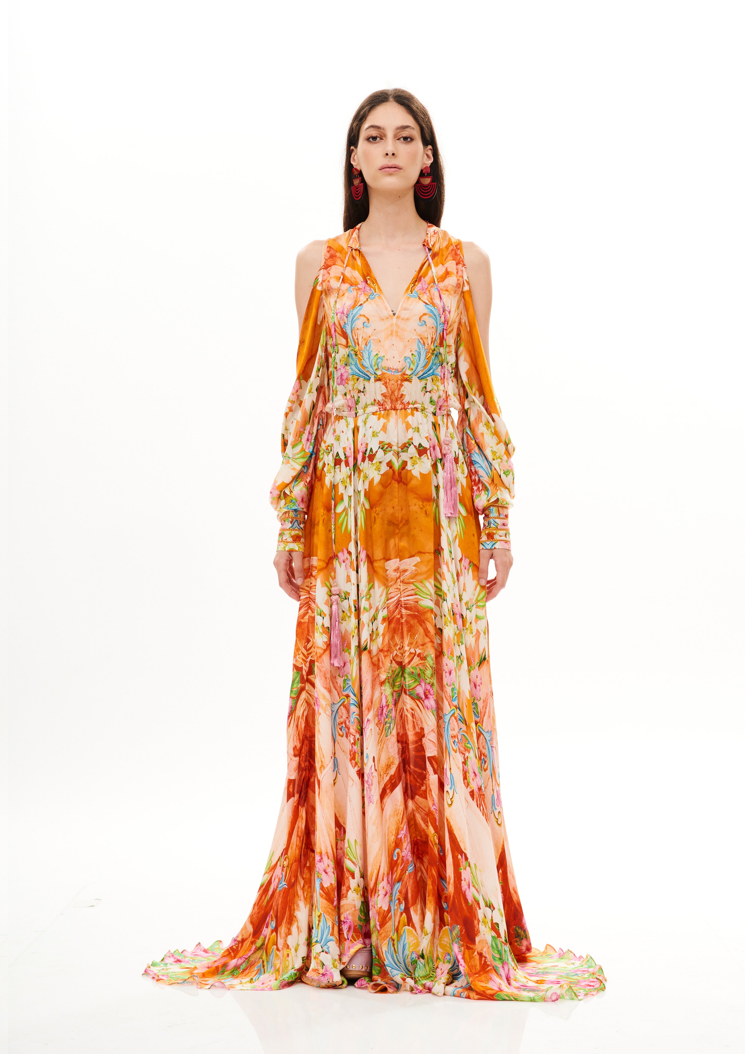 Long Balloon Arms Dress Tropical Breeze Sunrise in georgette satin