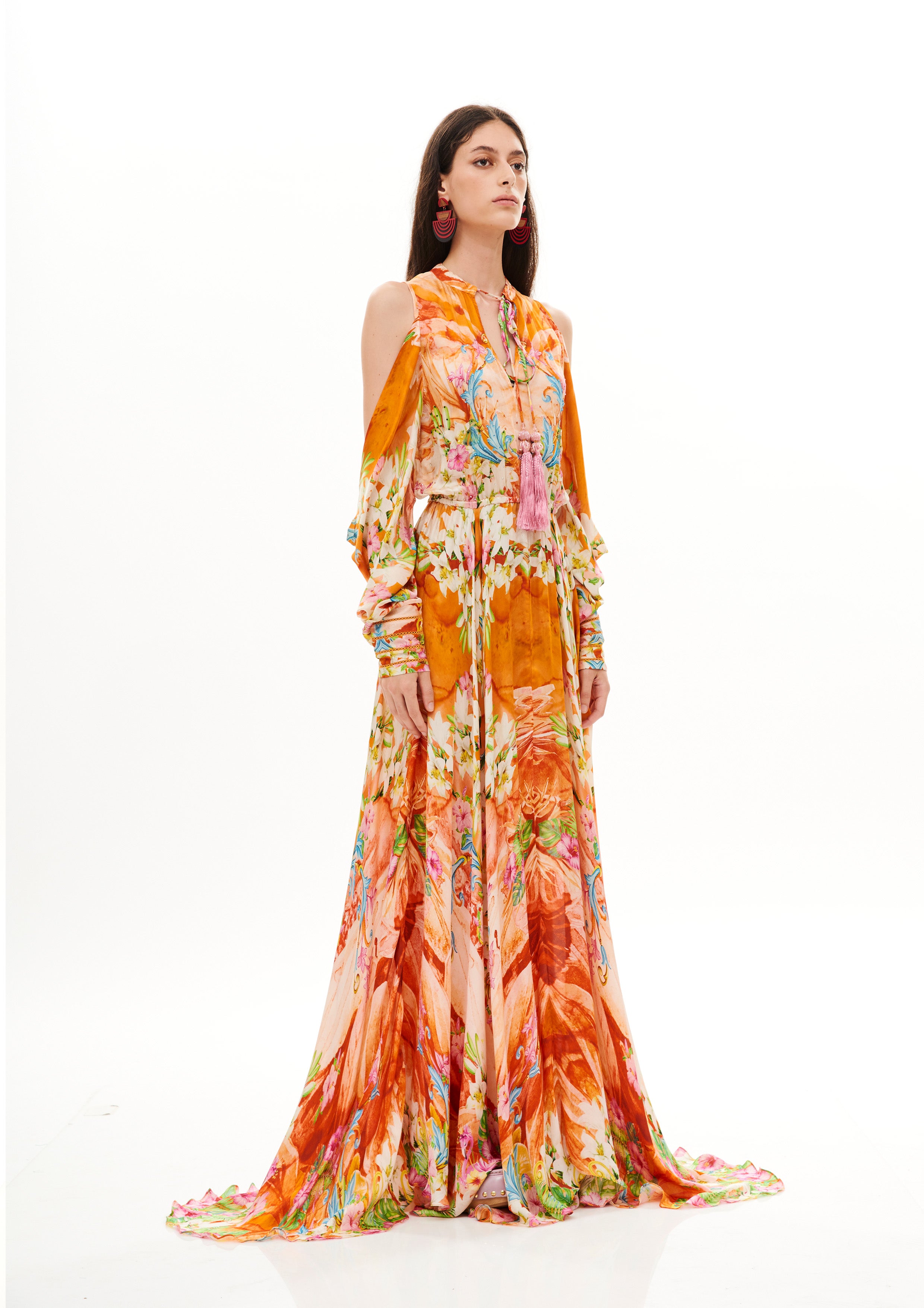 Long Balloon Arms Dress Tropical Breeze Sunrise in georgette satin
