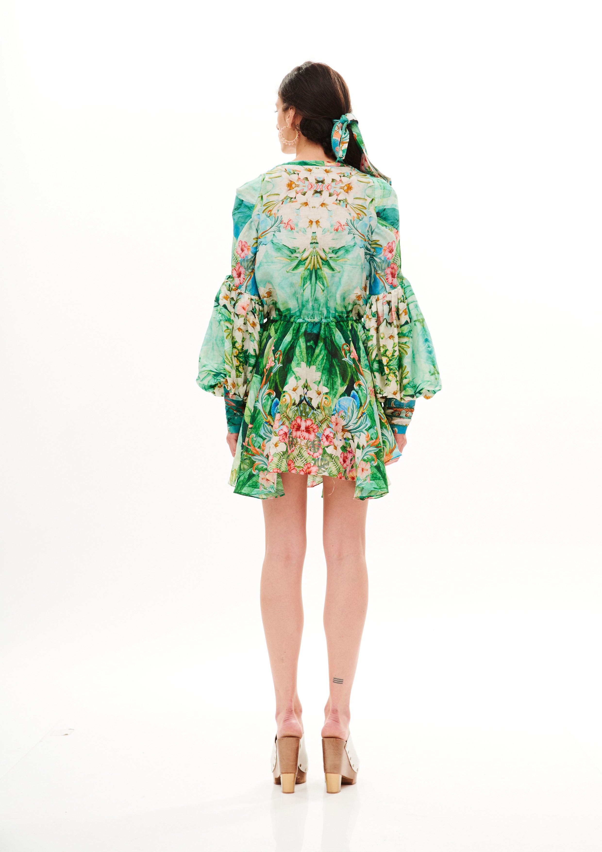 Balloon Arms Short Dress Tropical Breeze Garden in linen silk