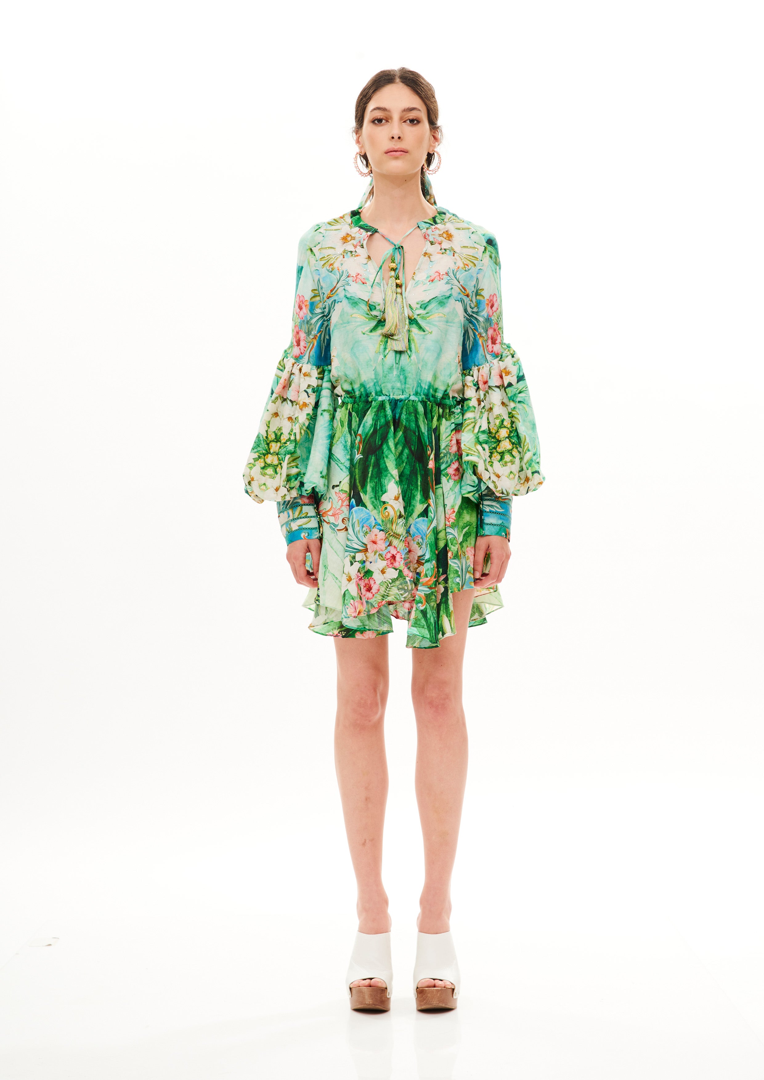 Balloon Arms Short Dress Tropical Breeze Garden in linen silk