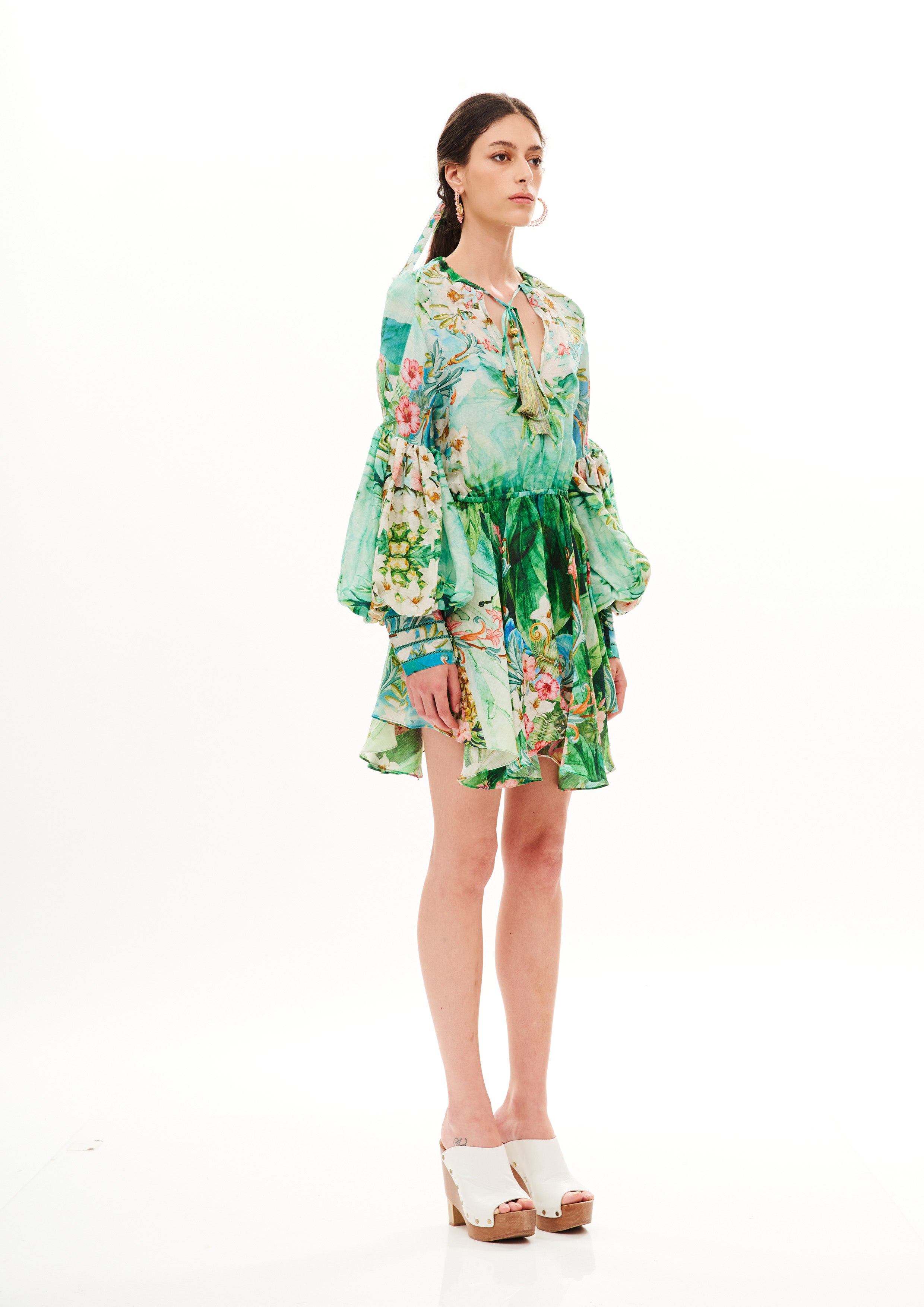 Balloon Arms Short Dress Tropical Breeze Garden in linen silk
