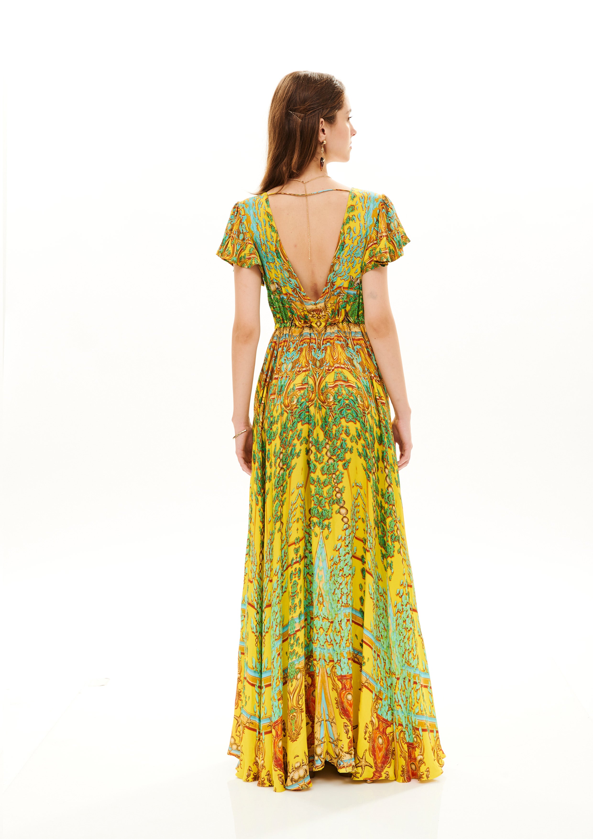V-Shape Long Dress Poseidon Dream Sunrise in cherry satin