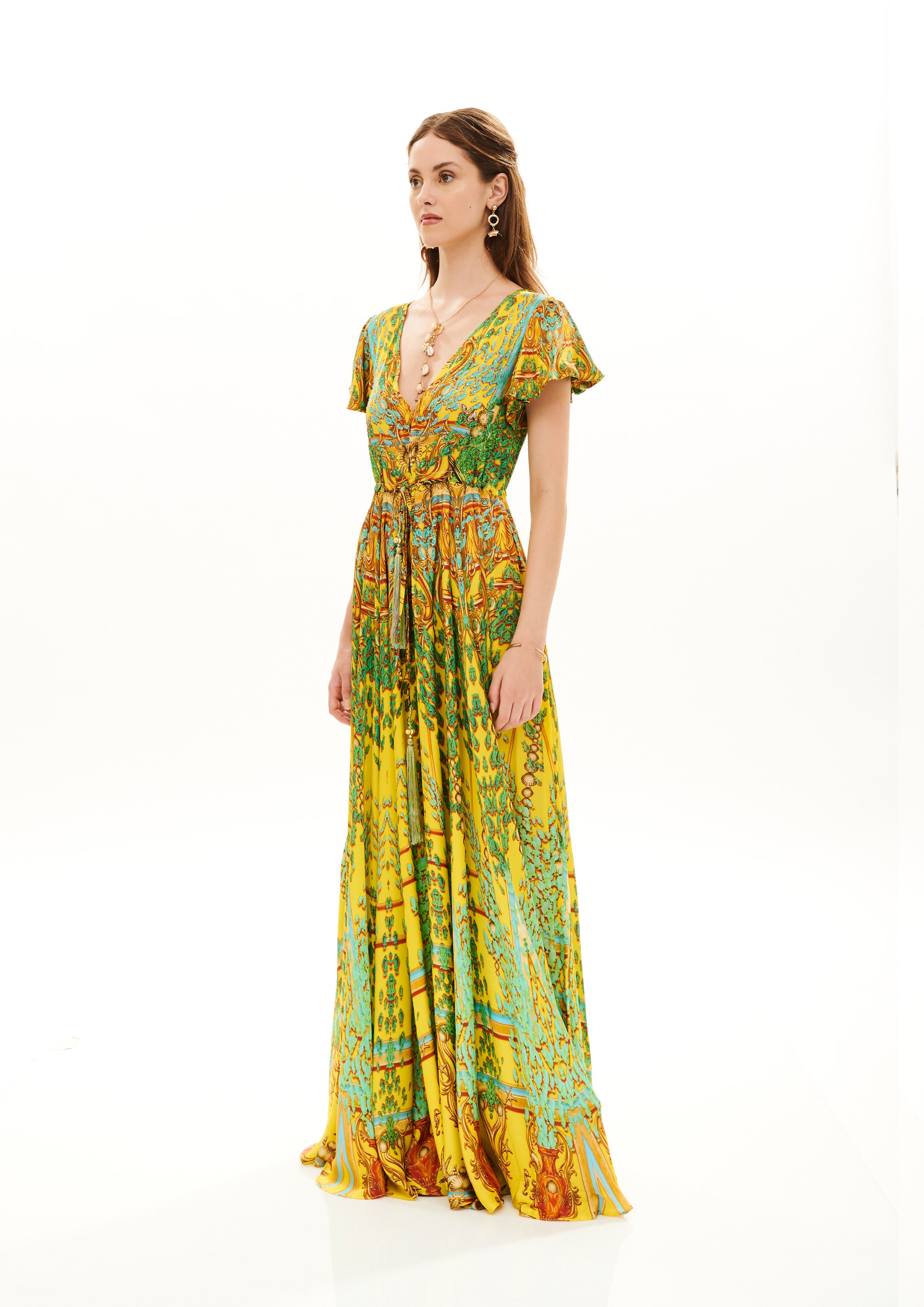 V-Shape Long Dress Poseidon Dream Sunrise in cherry satin