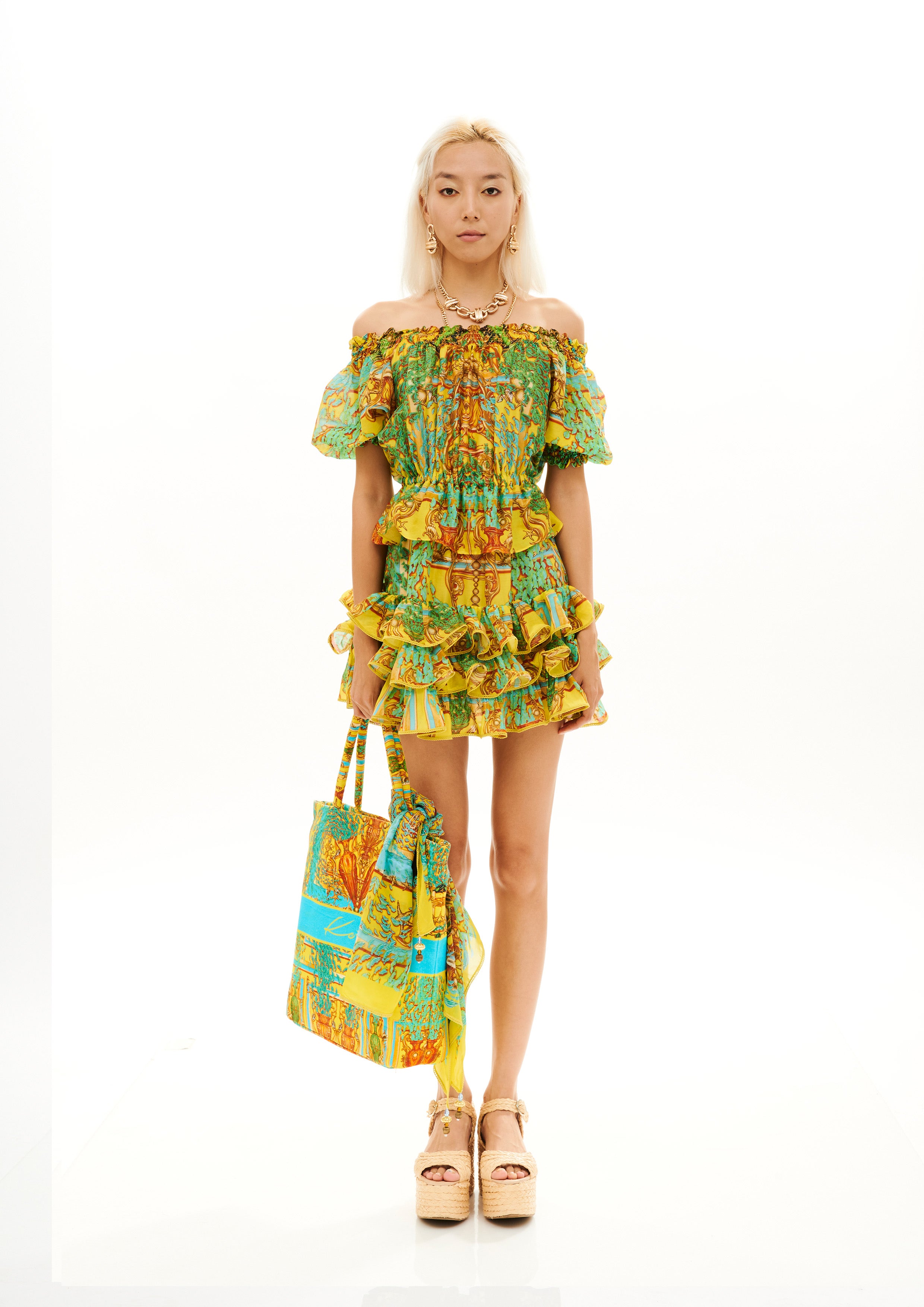 Off Shoulder Ruffle Short Dress Poseidon Dream Sunrise in chandery fabric