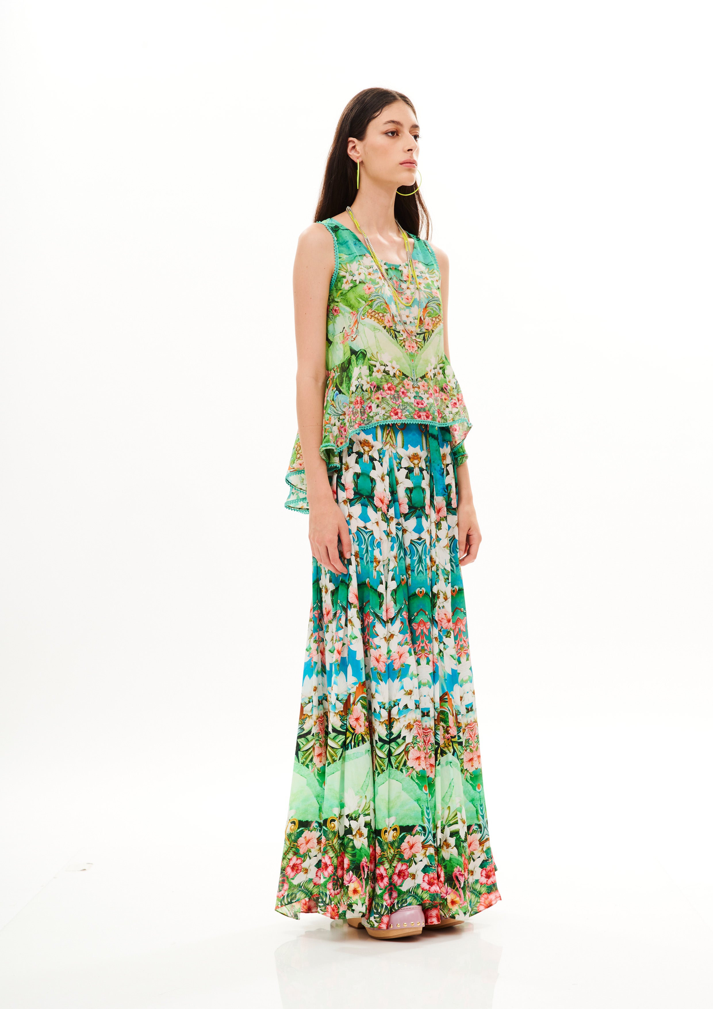 Long Triangle Skirt Tropical Breeze Garden in natural crepe