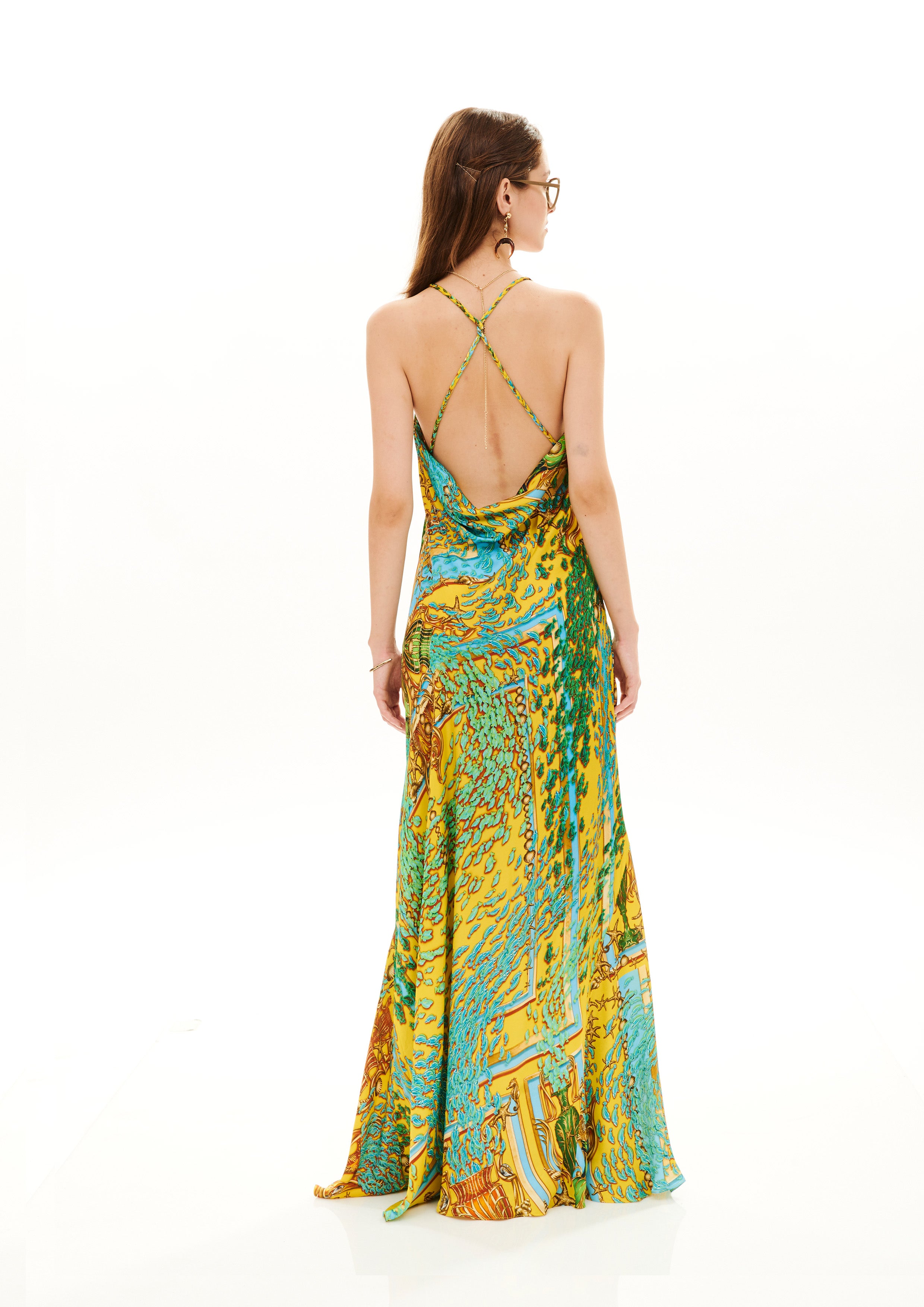 Backless Sexyness Long Dress Poseidon Dream Sunrise in georgette crepe satin