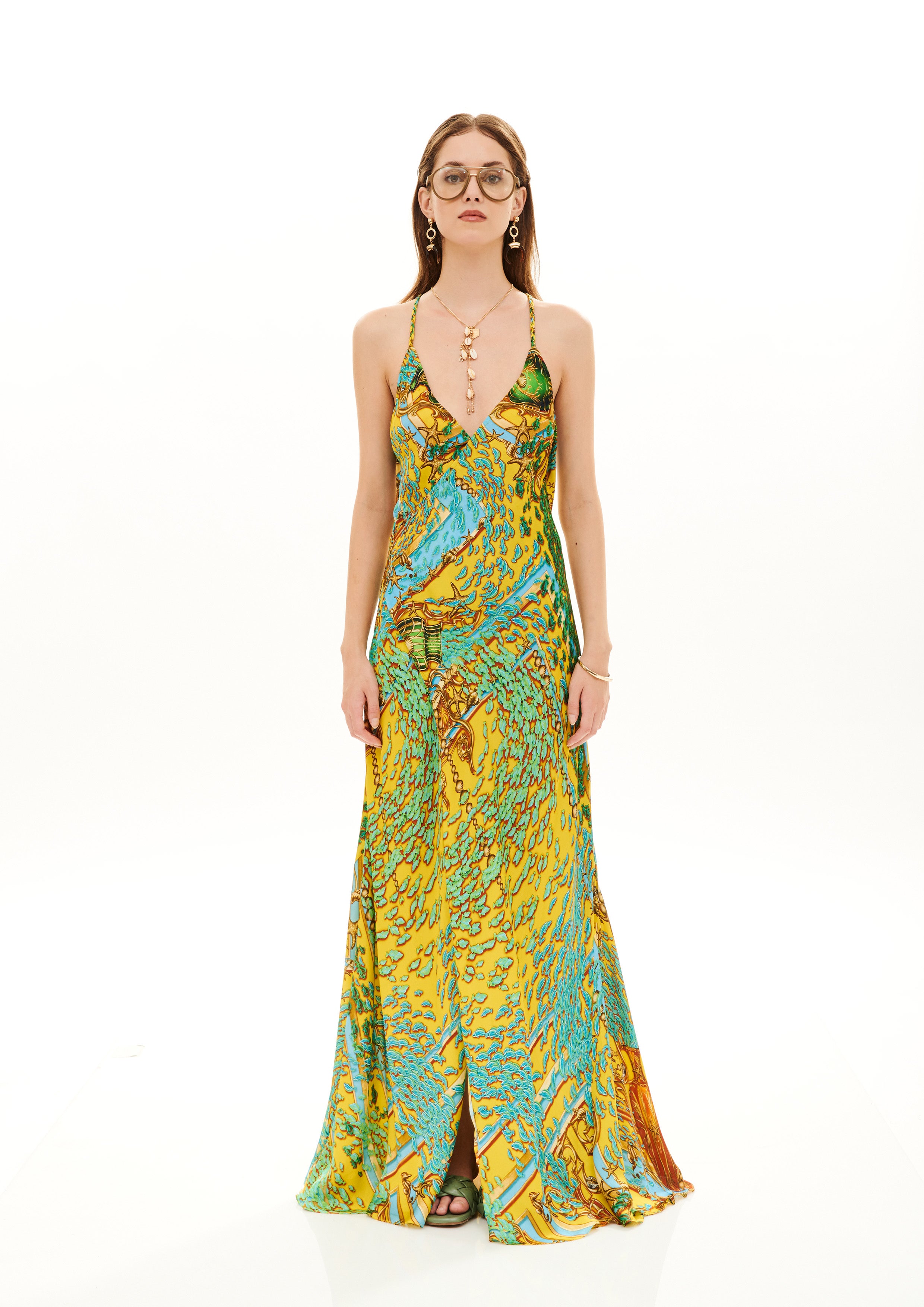 Backless Sexyness Long Dress Poseidon Dream Sunrise in georgette crepe satin