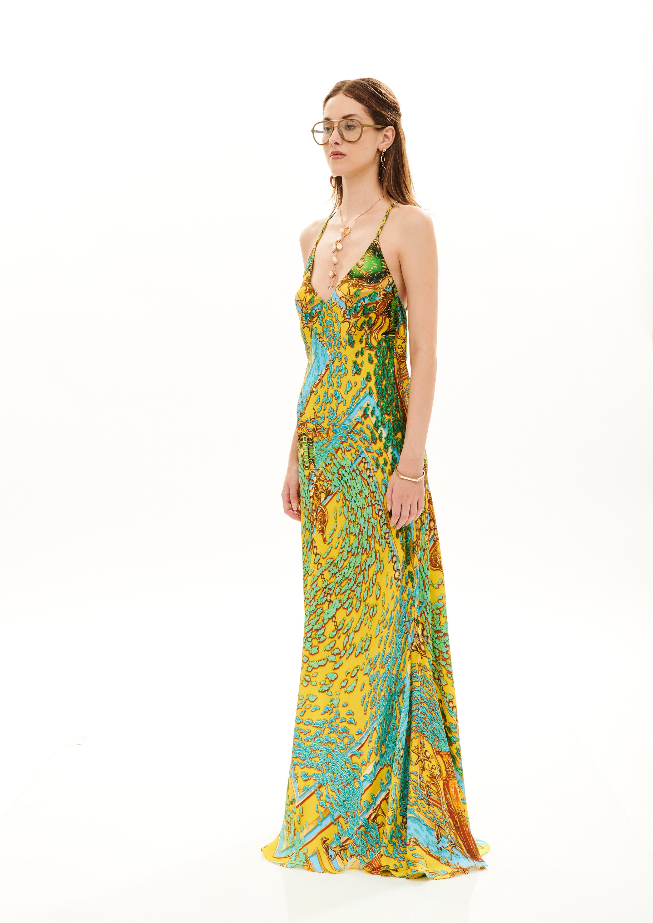 Backless Sexyness Long Dress Poseidon Dream Sunrise in georgette crepe satin