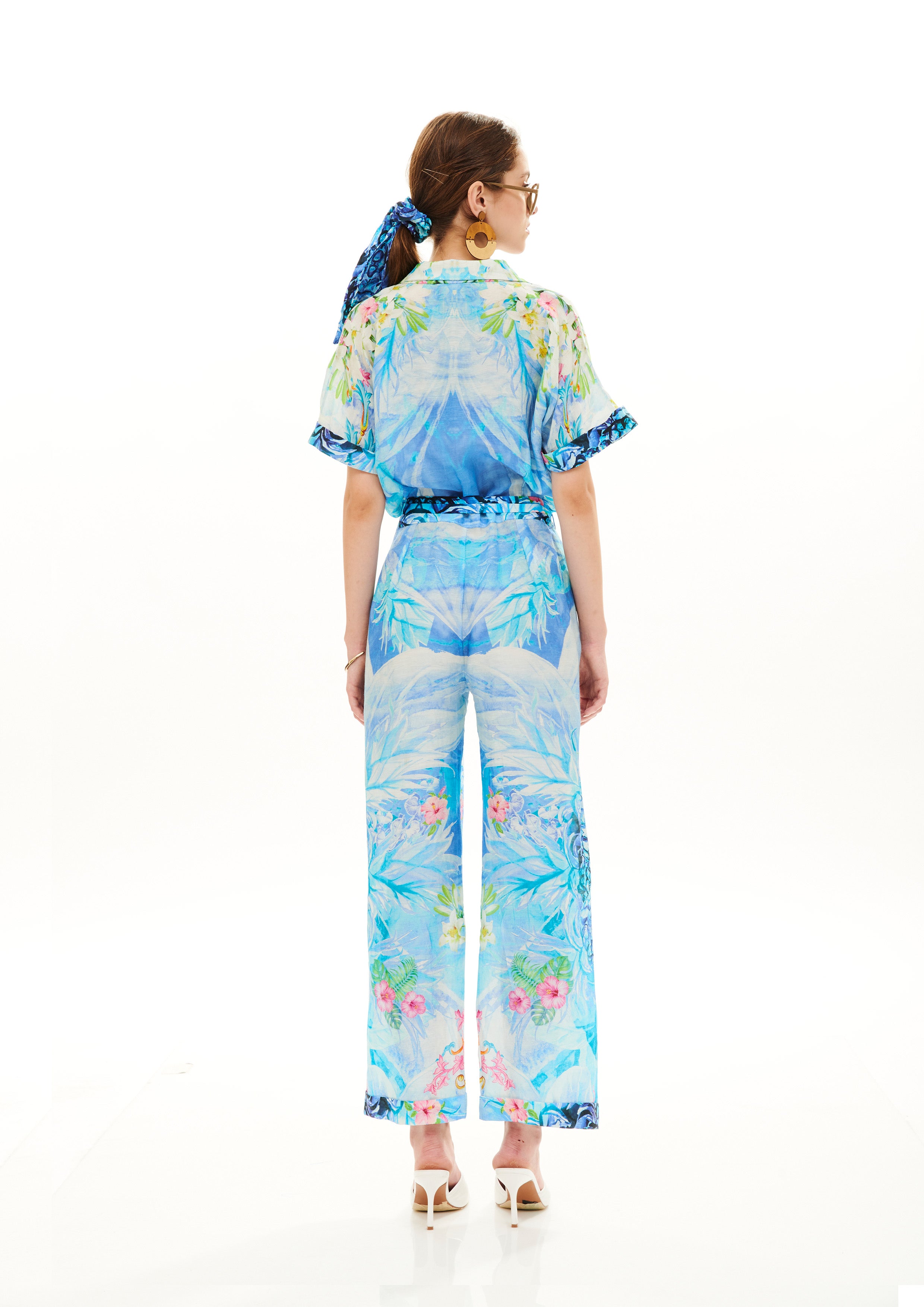 Collar Up Long Jumpsuit Monogram Breeze Sunrise in linen silk