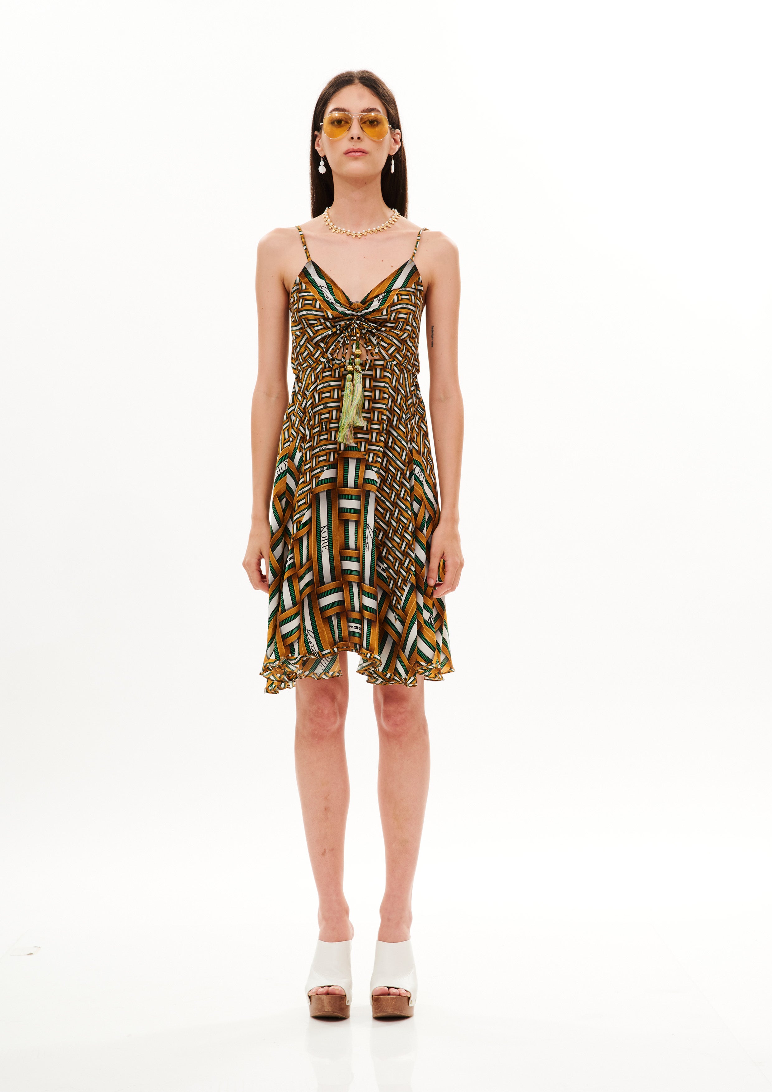 V-Shape Short Dress with Back Bow Monogram Tropical Garden in natural crepe