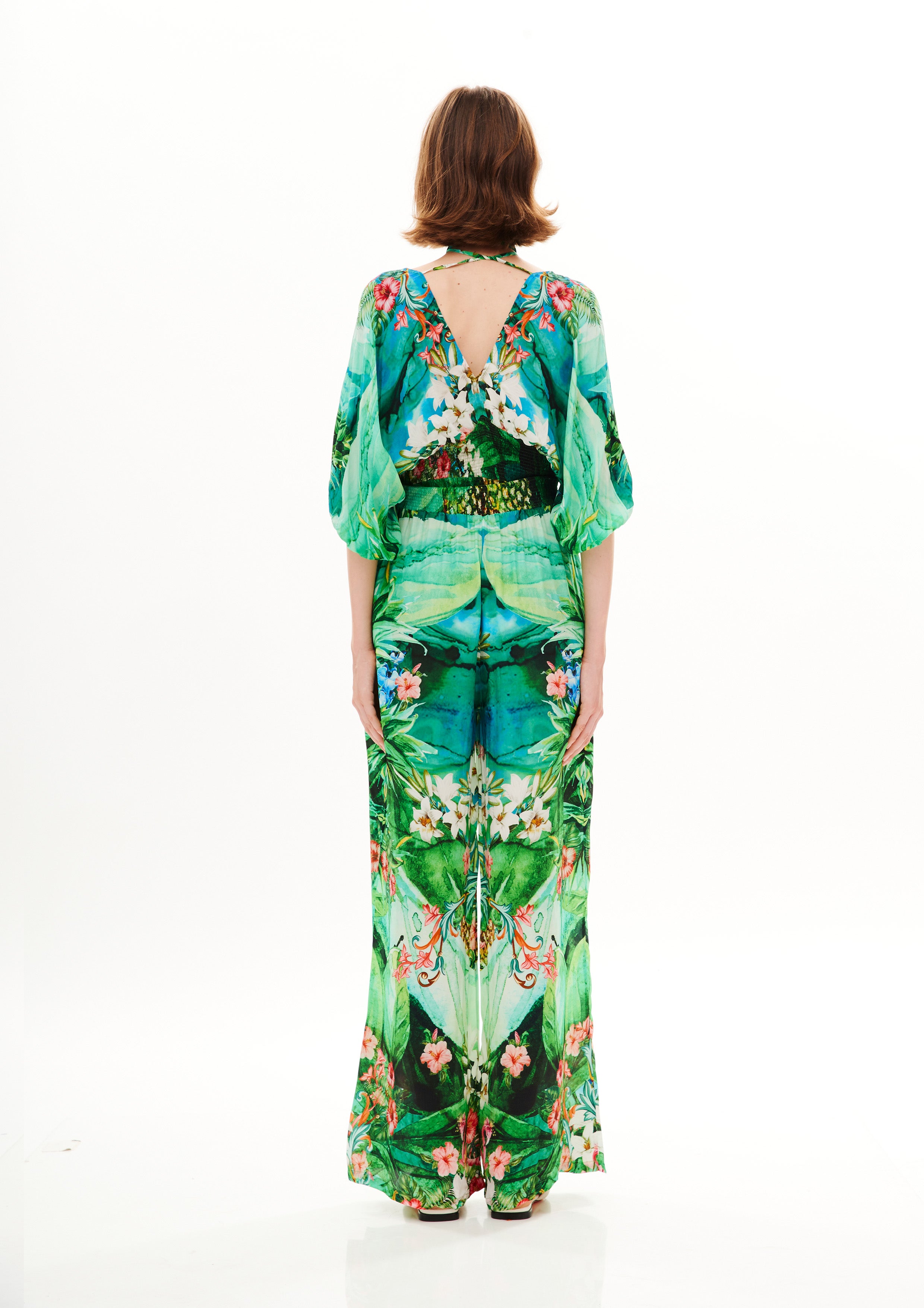 Long Jumpsuit with Elastic Belt Tropical Breeze Sunrise in natural crepe