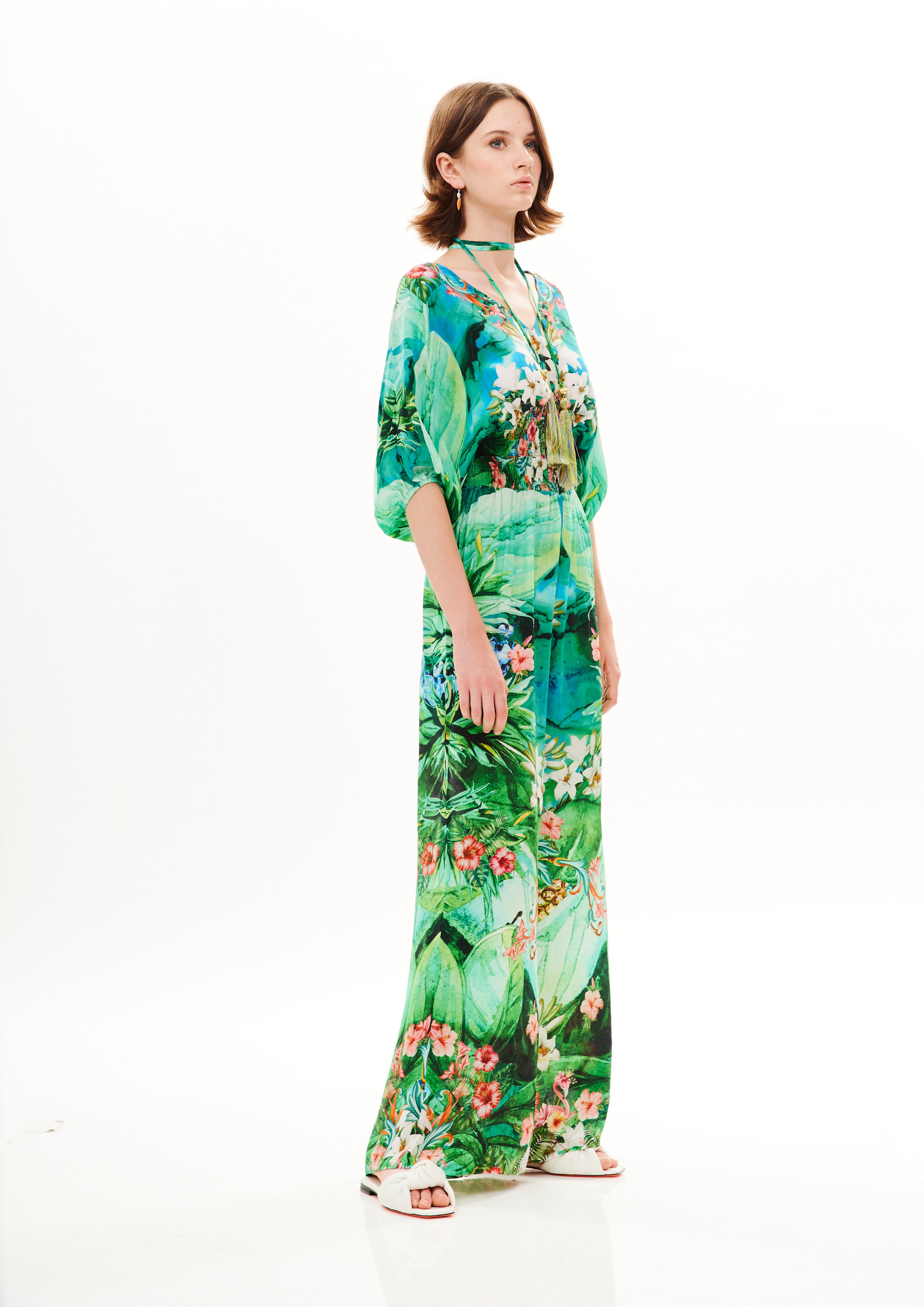 Long Jumpsuit with Elastic Belt Tropical Breeze Sunrise in natural crepe