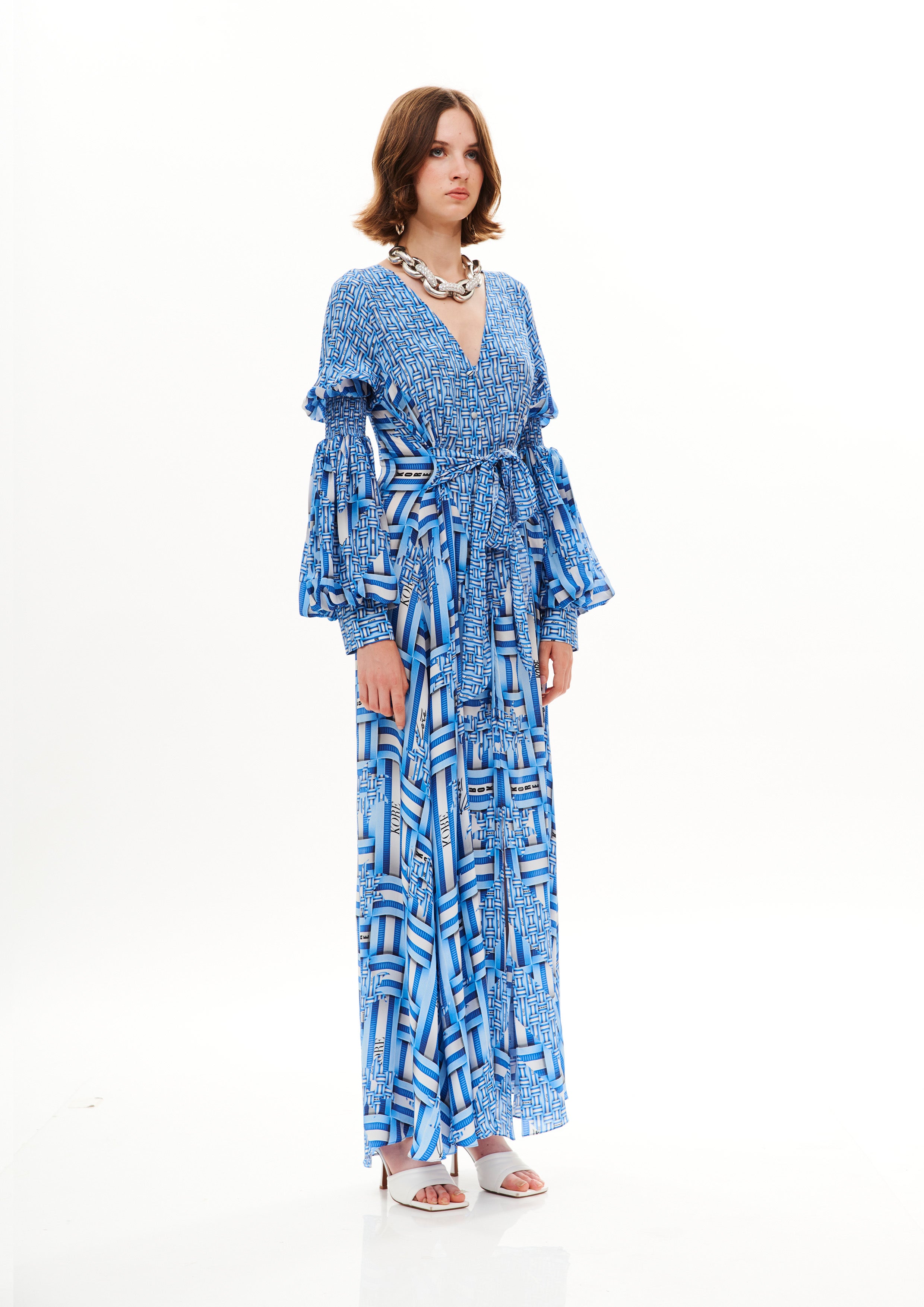 Bow Draped Long Dress Monogram Dream Day in natural crepe