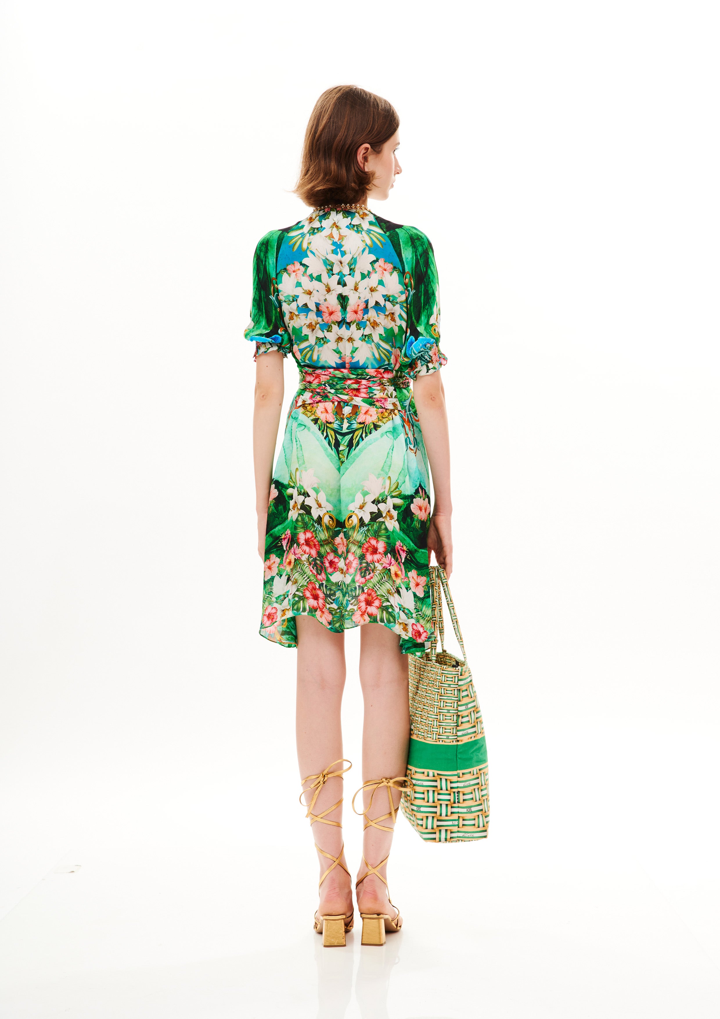 Bow Draped Short Dress Tropical Breeze Garden in georgette satin