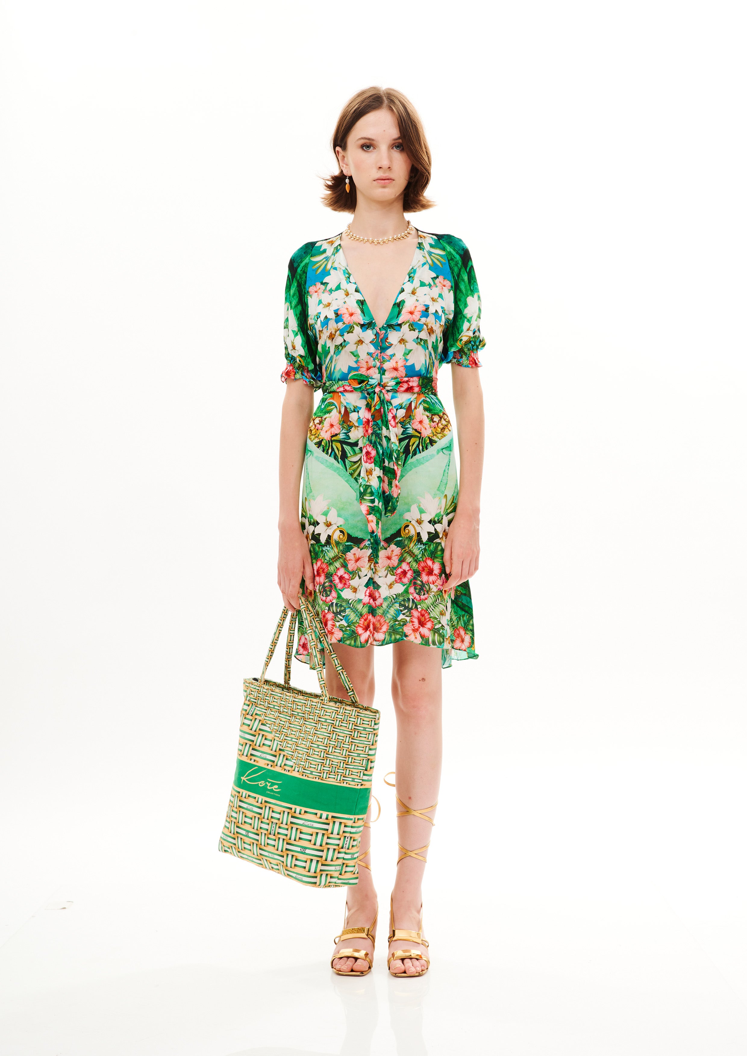 Bow Draped Short Dress Tropical Breeze Garden in georgette satin