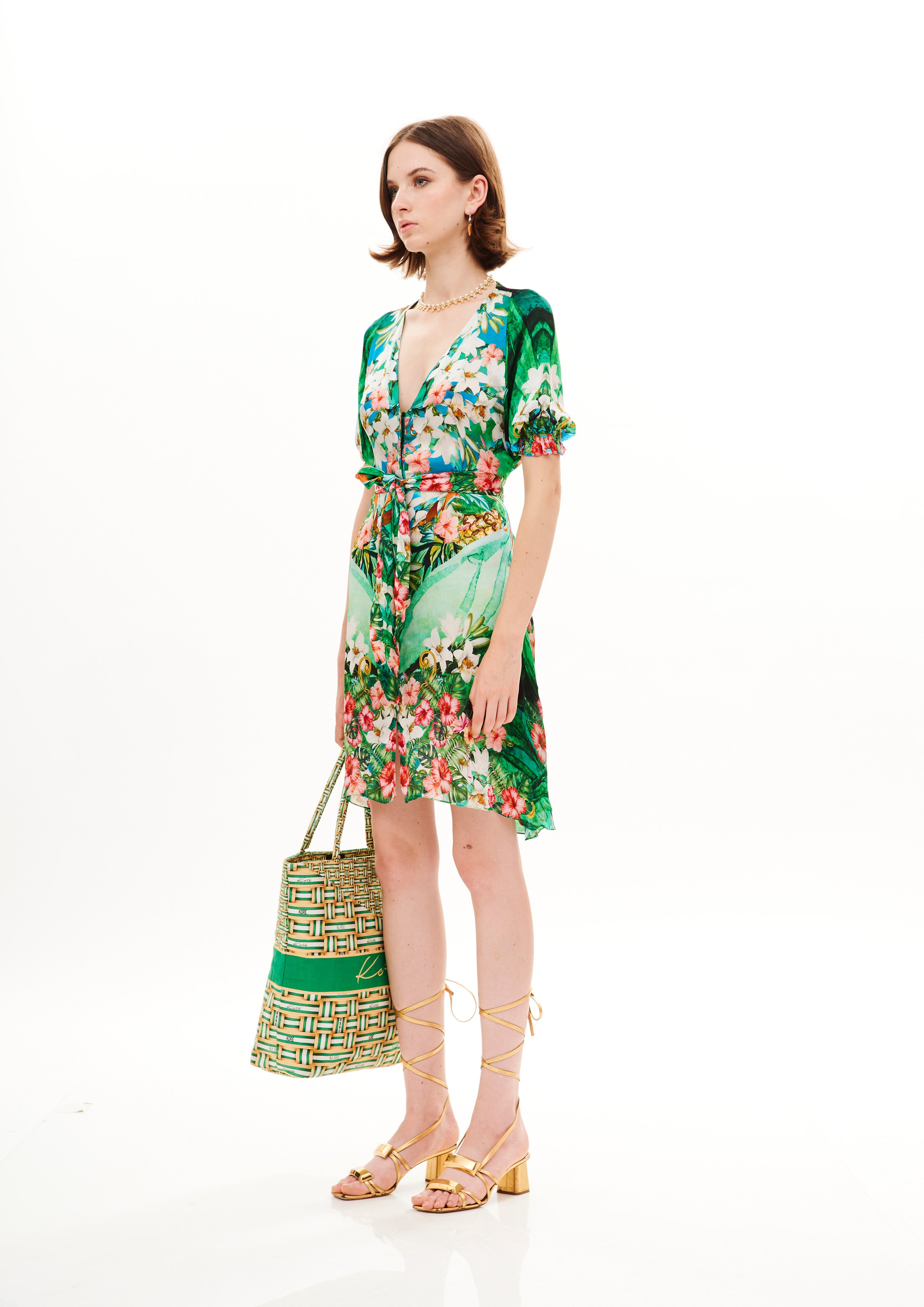 Bow Draped Short Dress Tropical Breeze Garden in georgette satin