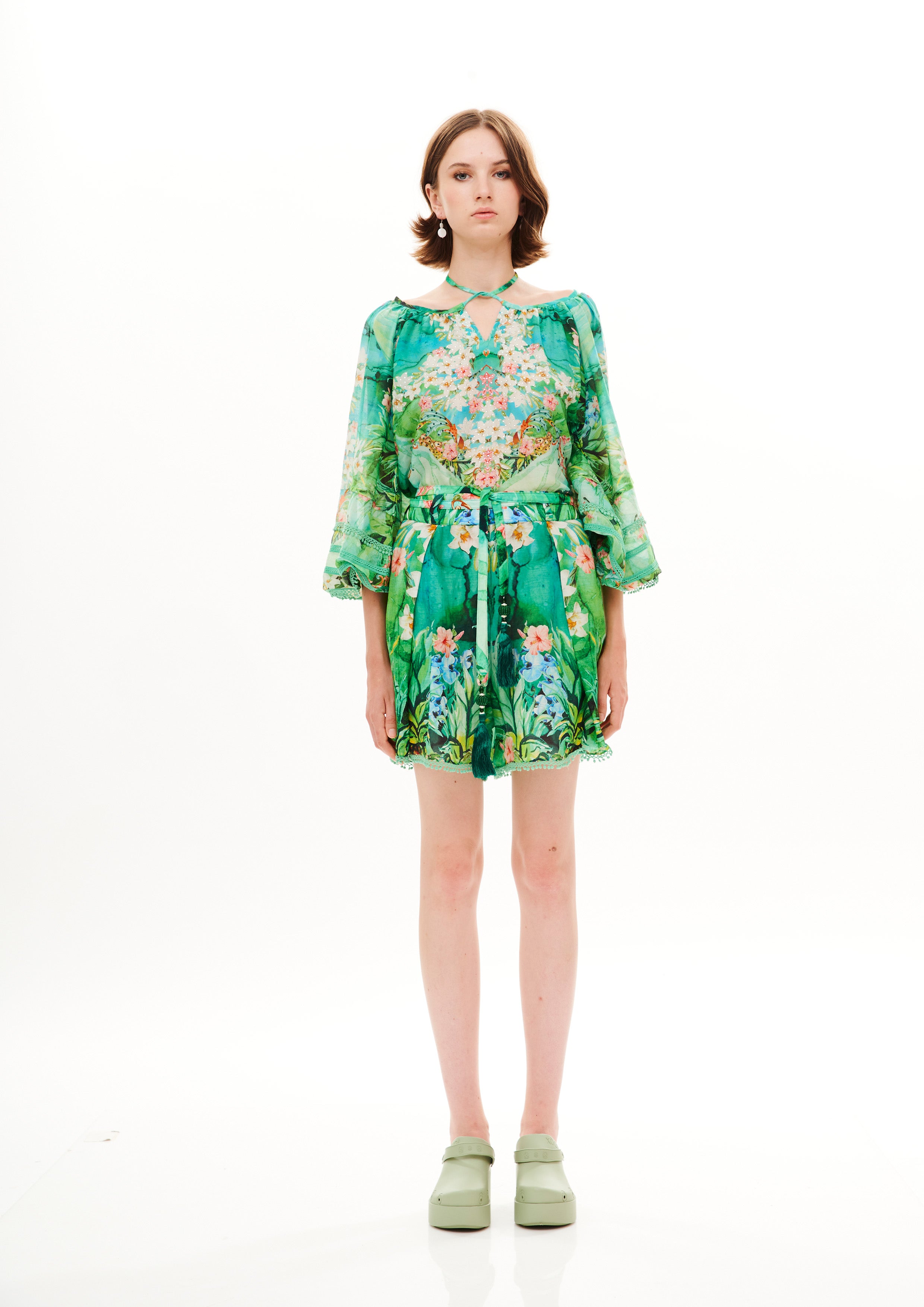 Pleated Shorts Tropical Breeze Garden in fine linen
