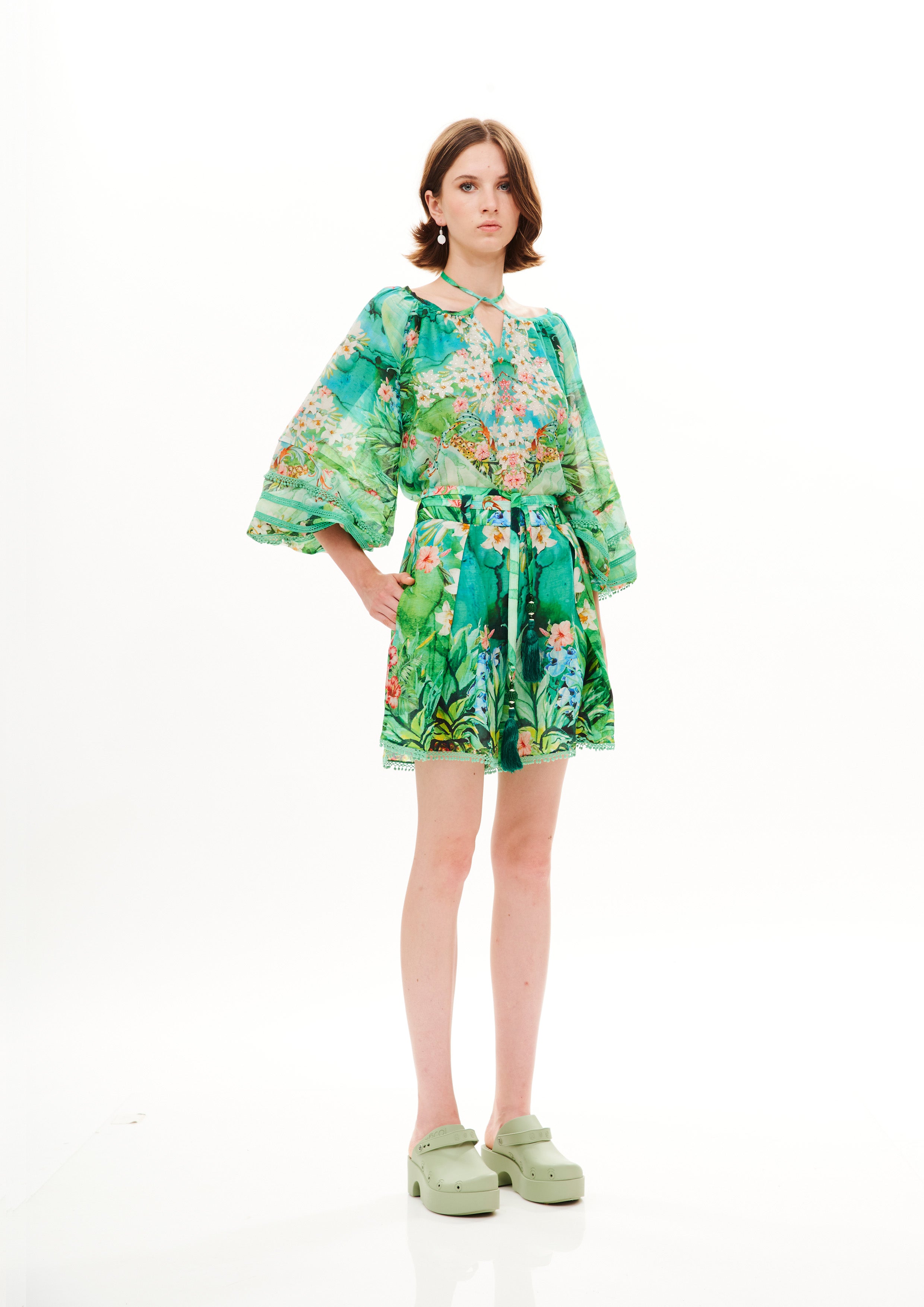 Pleated Shorts Tropical Breeze Garden in fine linen