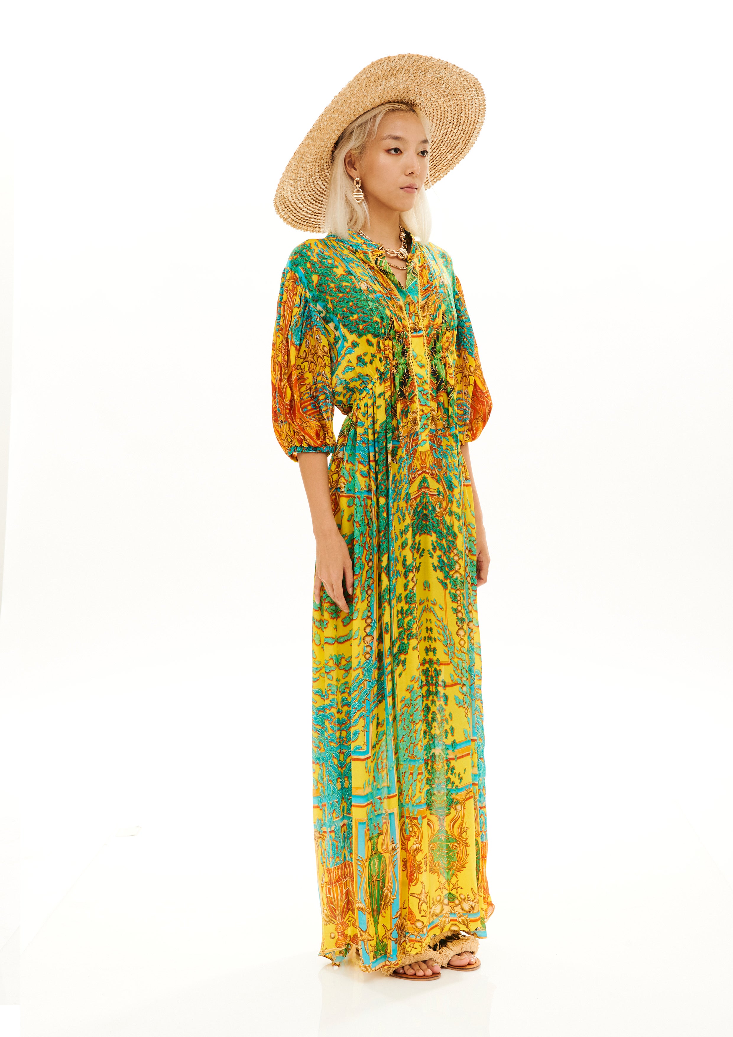 Puff Arms Chemisier with Front Detail Poseidon Dream Sunrise in georgette crepe satin