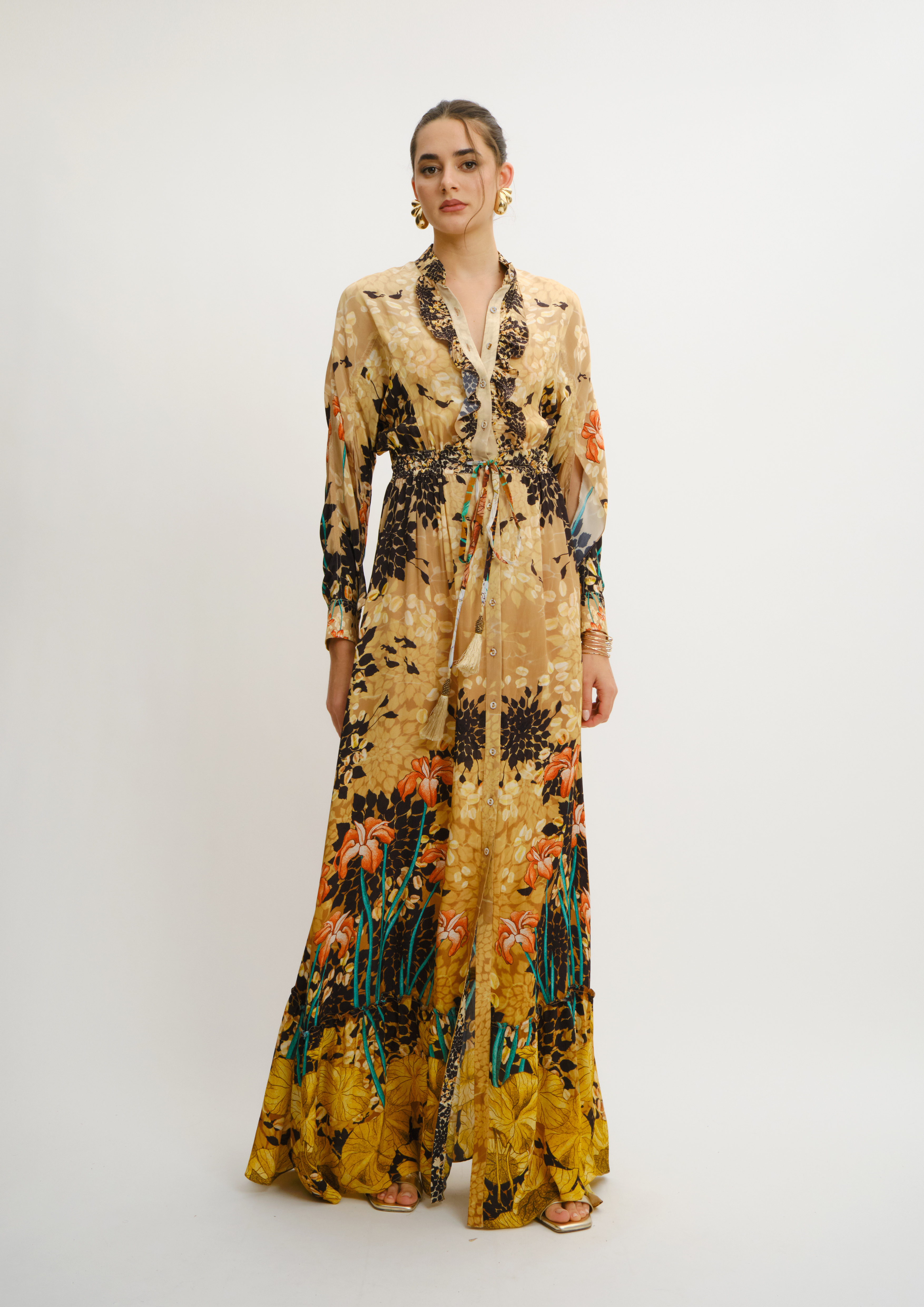 Long Sleeve Ruffle Chemisier Jardin De Lune in Natural Crepe
