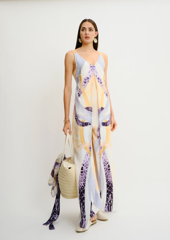 V-Neck Pleated Jumpsuit Sahara Notte in Elegant Twill
