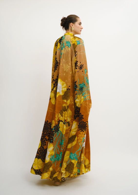 High-Collar Maxi Dress Jardin De Lune in Natural Crepe
