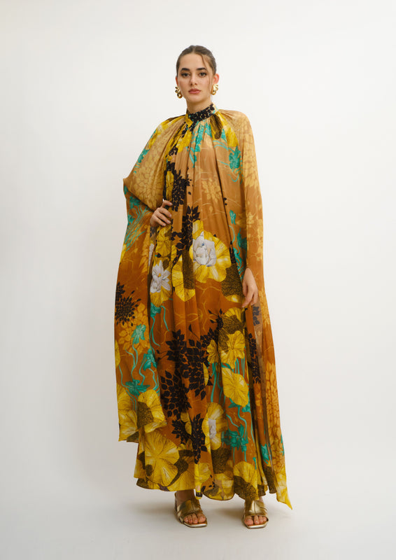 HIGH COLLAR MAXI DRESS WITH WATERFALL SLEEVES