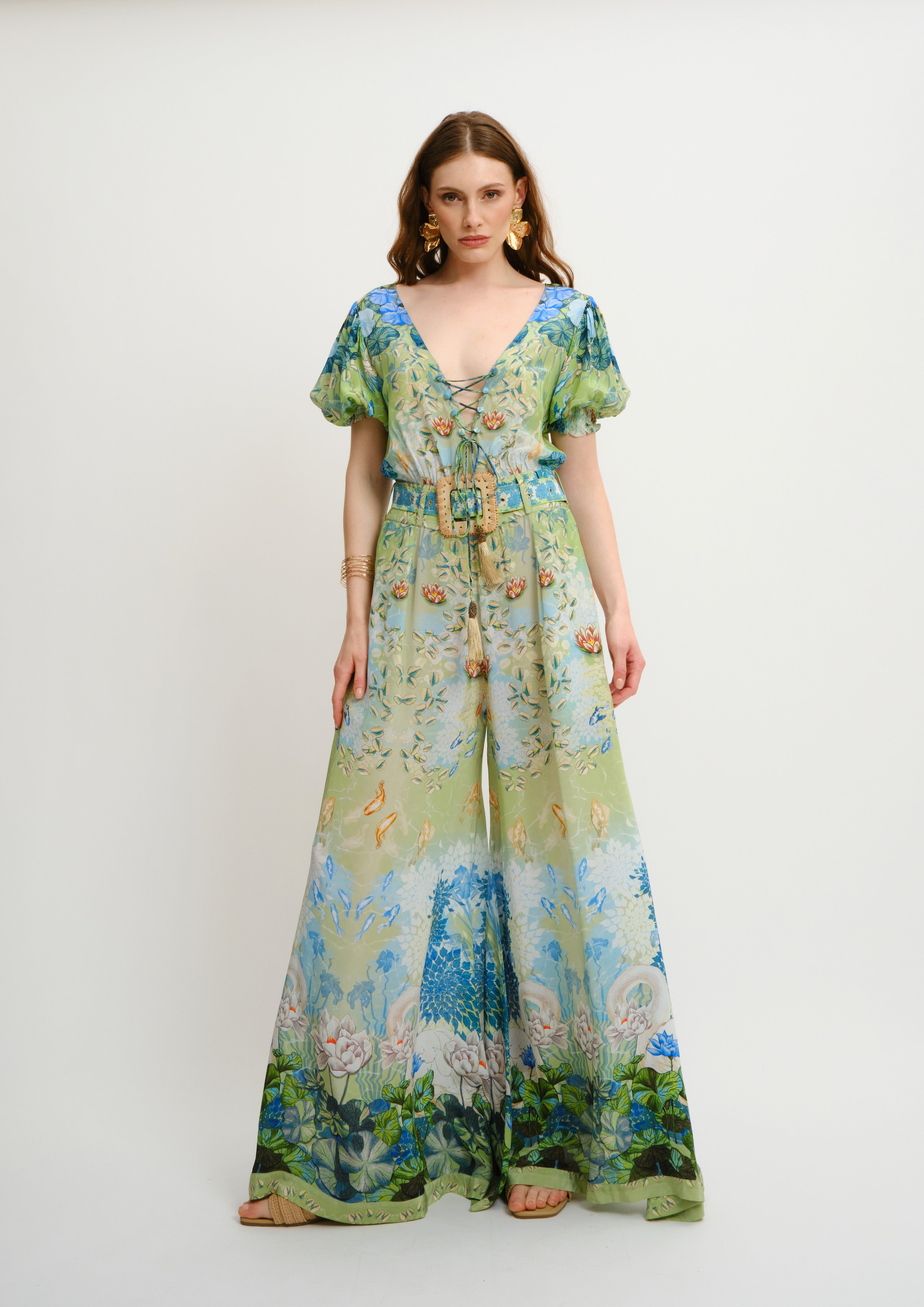 Flowing Floral Jumpsuit Jardin Du Jour with Lace-Up Neckline