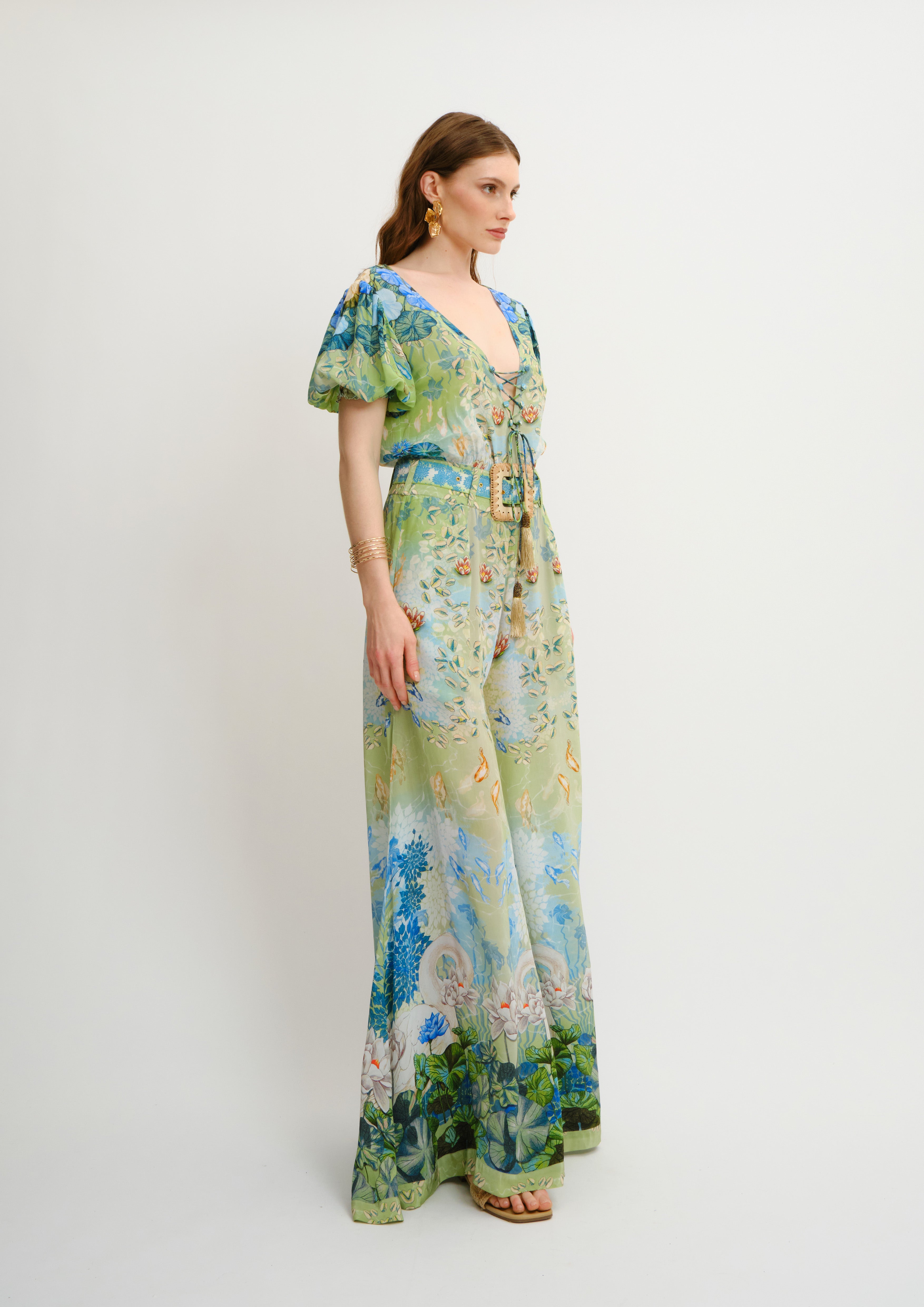 Flowing Floral Jumpsuit Jardin Du Jour with Lace-Up Neckline