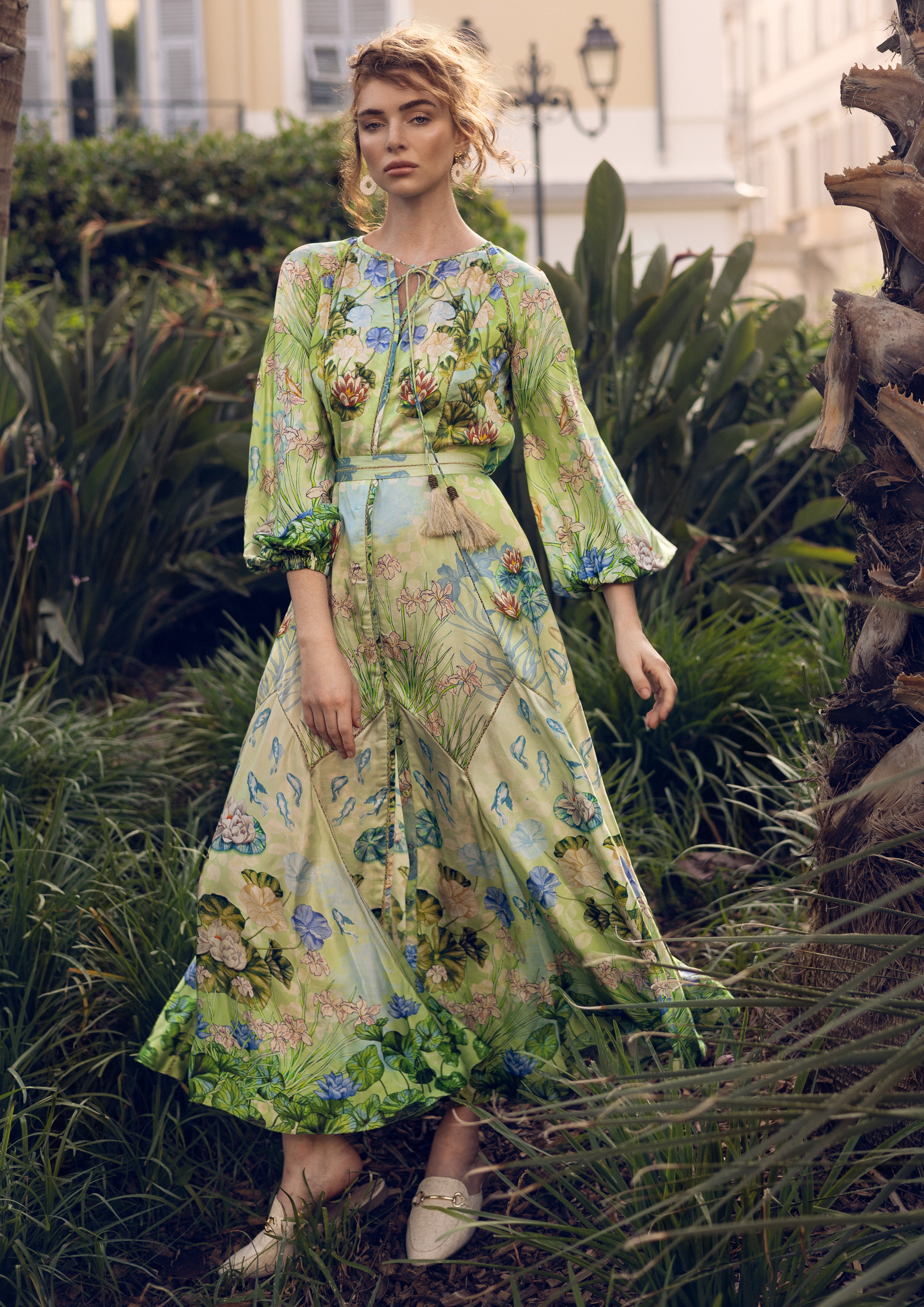 Vishivanka Long Dress Jardin Du Jour in Linen Satin
