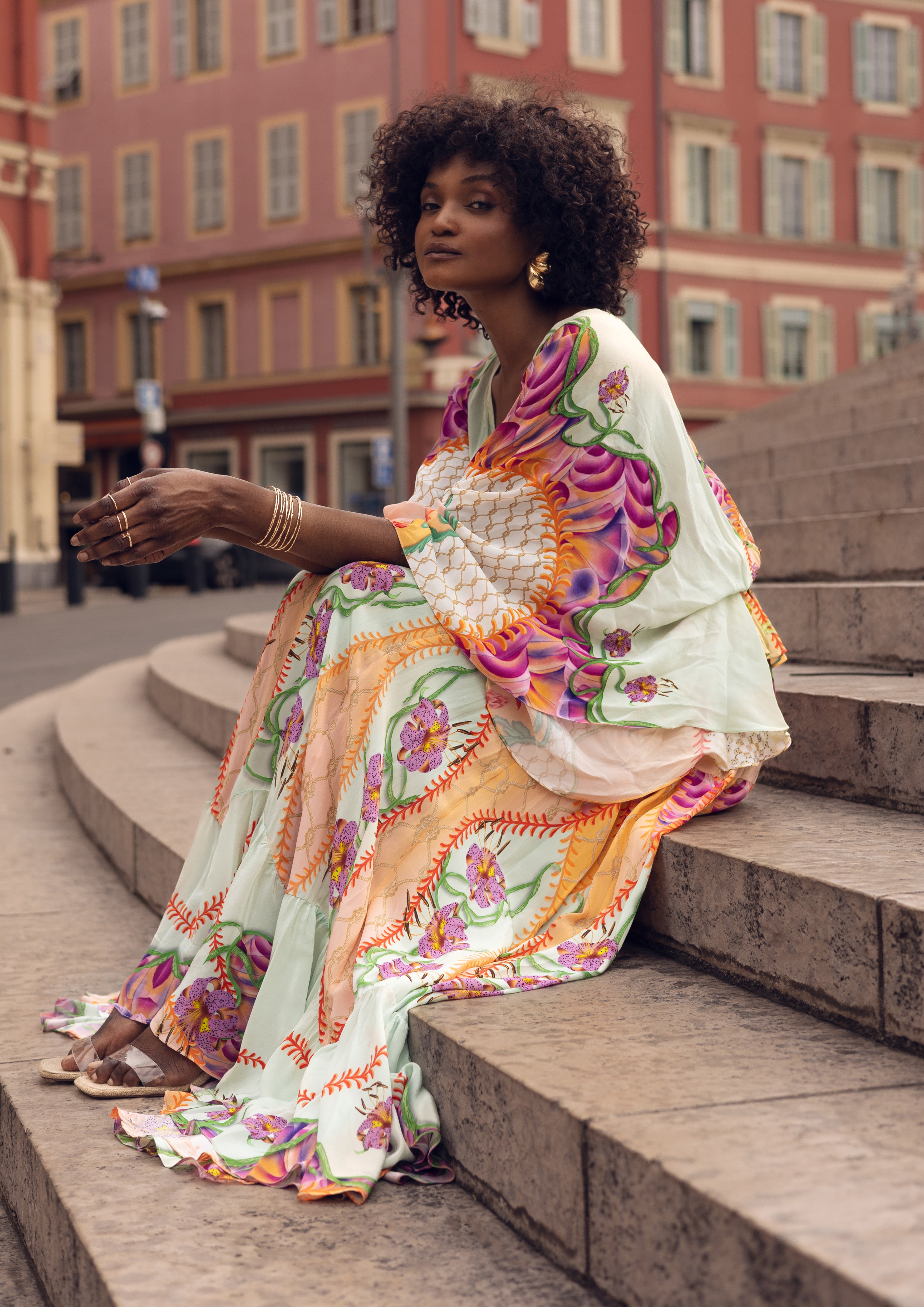 Draped Top with Elastic Belt Blooming Day in Natural Crepe
