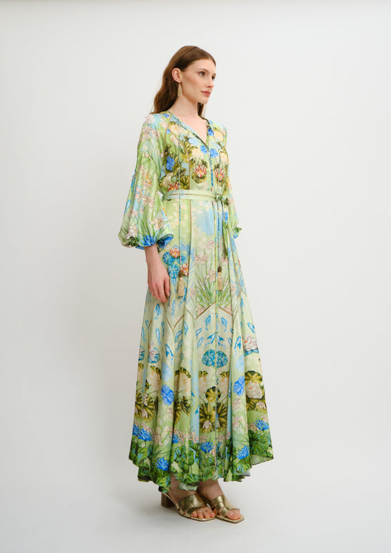Vishivanka Long Dress Jardin Du Jour in Linen Satin
