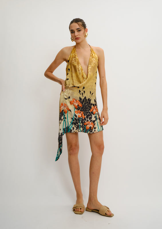 Bohemia Halter Mini Dress Jardin De Lune in Cherry Satin
