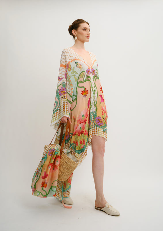 Wave Mini Kaftan Blooming Day in Natural Crepe
