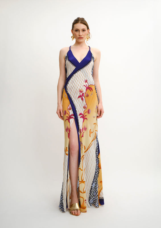 Siren Backless Maxi Dress Blooming Night in Cherry Satin