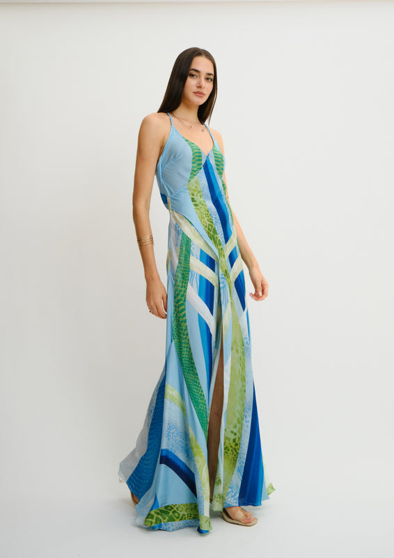 Siren Backless Maxi Dress Blooming Night in Cherry Satin
