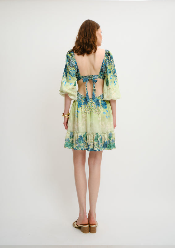 Cutout Bustier Mini Dress Jardin Du Jour in Linen Satin
