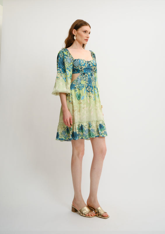 Cutout Bustier Mini Dress Jardin Du Jour in Linen Satin