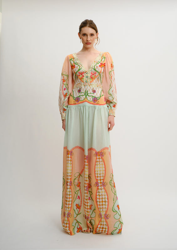 V-Neck Maxi Dress Blooming Day in Organza Satin
