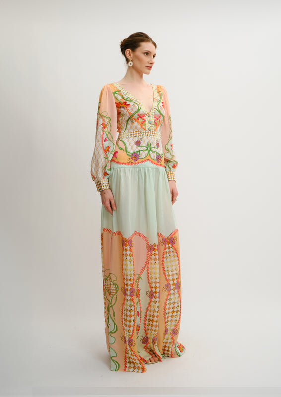 V-Neck Maxi Dress Blooming Day in Organza Satin
