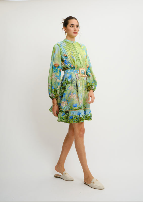 Pintucks Belted Mini Dress Jardin Du Jour in Organza Satin
