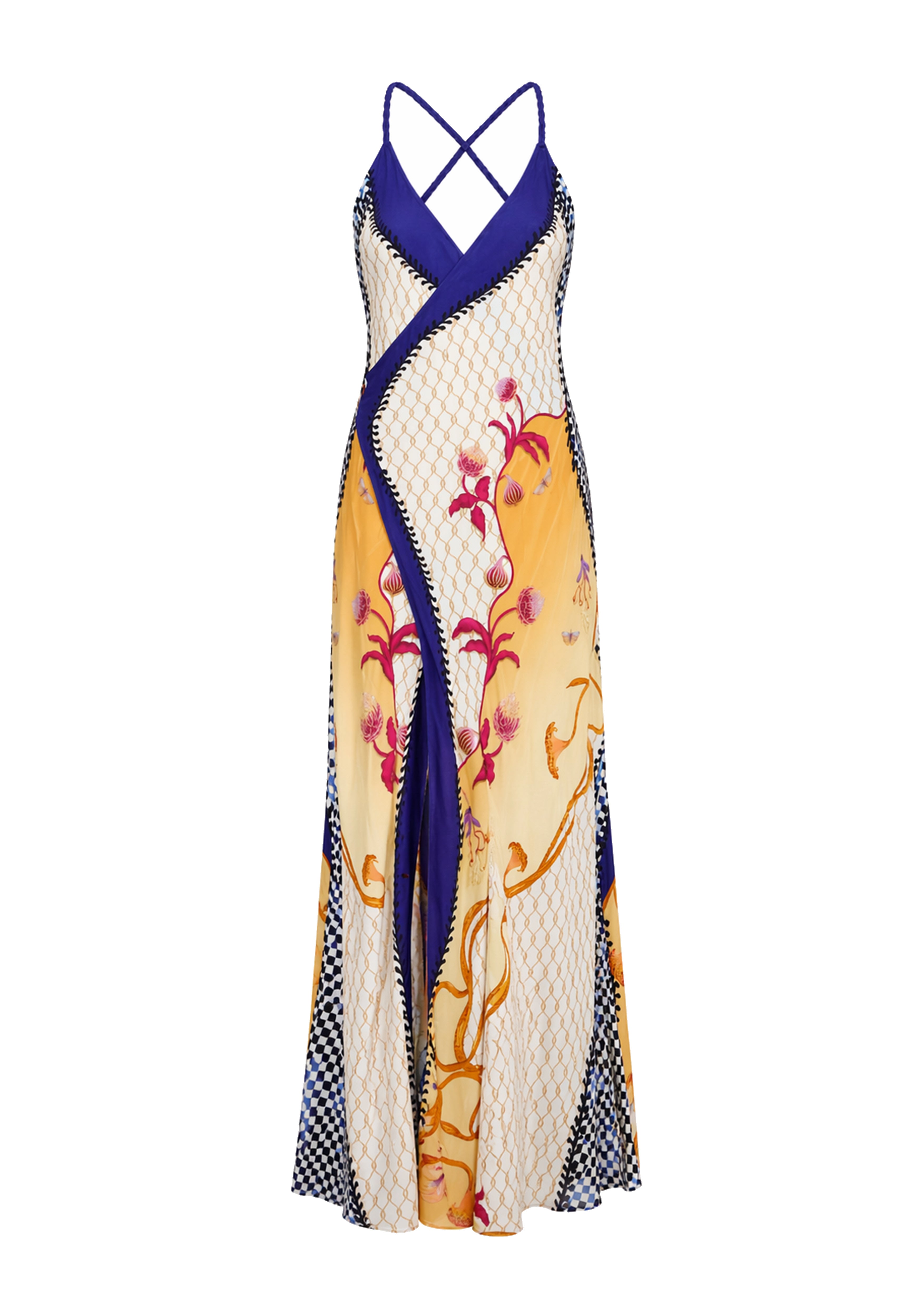 Siren Backless Maxi Dress Blooming Night in Cherry Satin